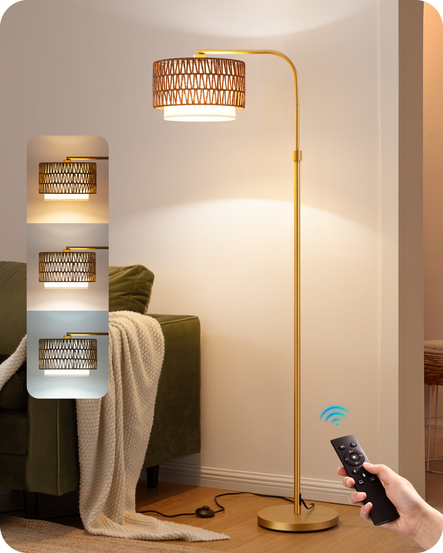 EDISHINE Farmhouse Arc Floor Lamp with Remote Dimmable LED Bulb, Gold-HFLEA1A