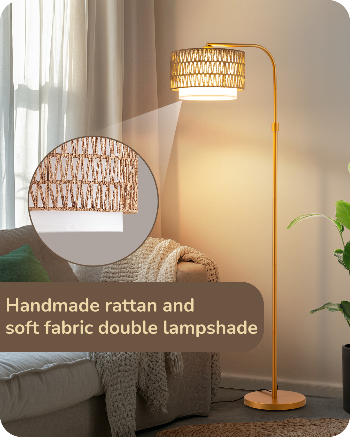 EDISHINE Farmhouse Arc Floor Lamp with Remote Dimmable LED Bulb, Gold-HFLEA1A