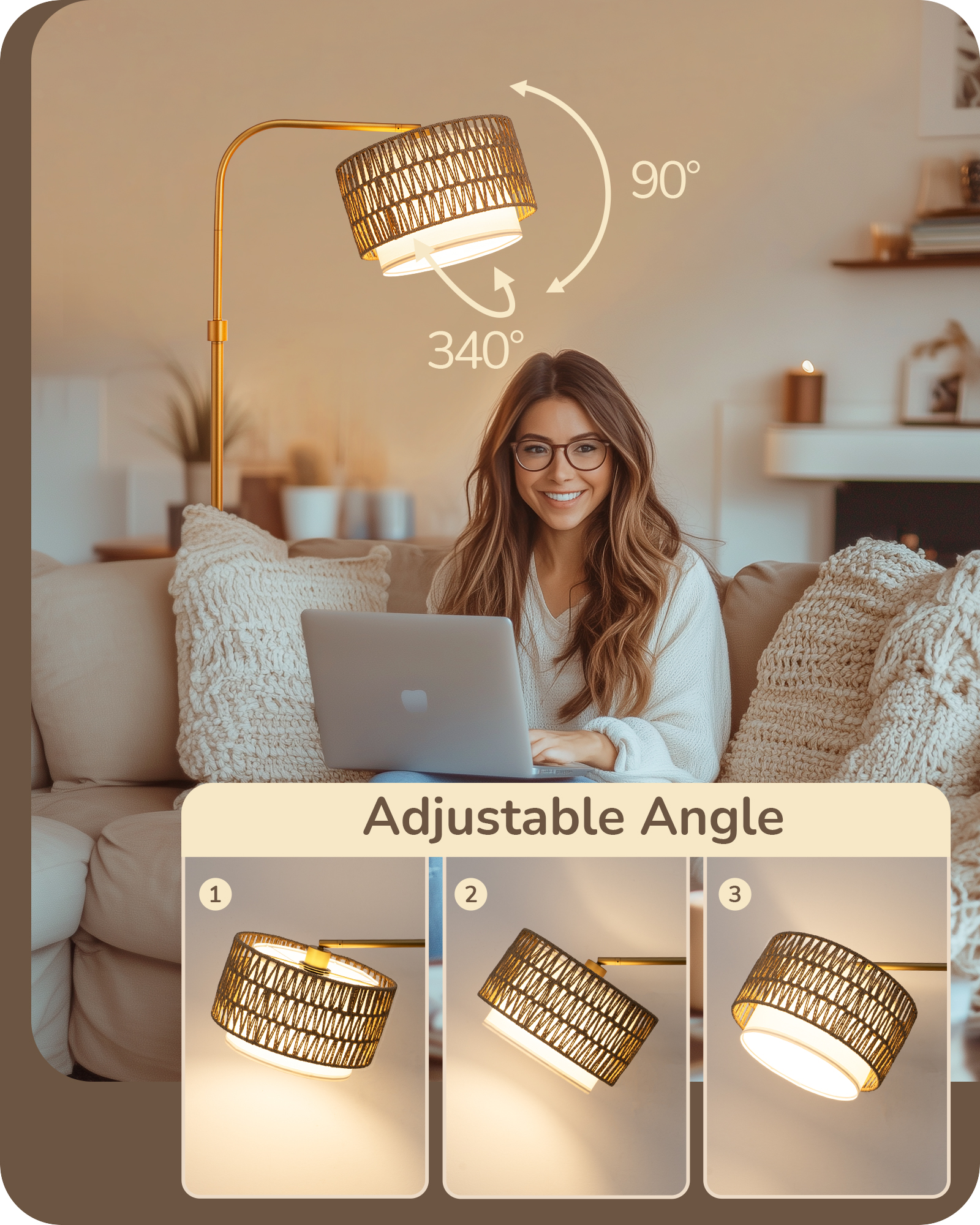 EDISHINE Farmhouse Arc Floor Lamp with Remote Dimmable LED Bulb, Gold-HFLEA1A