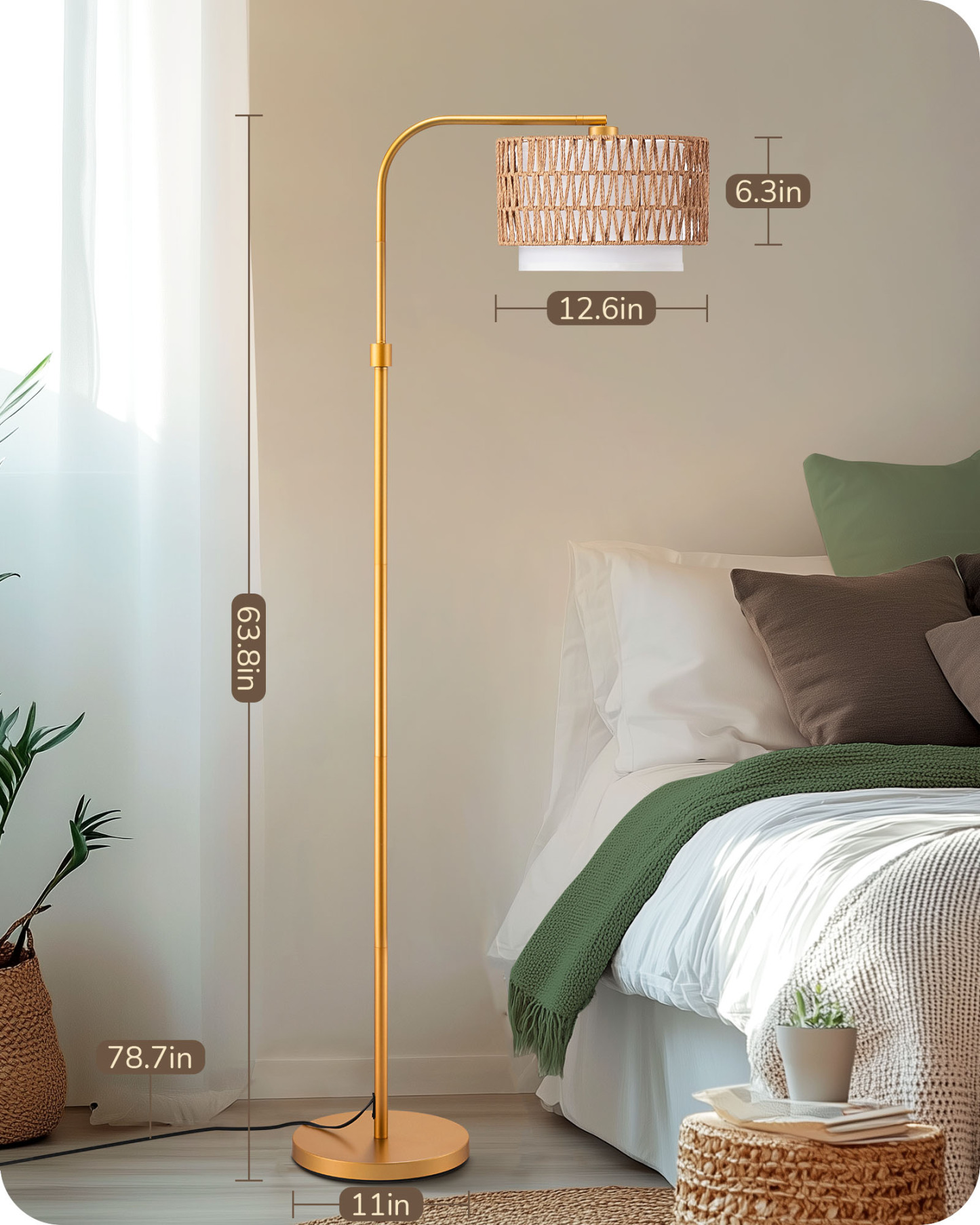 EDISHINE Farmhouse Arc Floor Lamp with Remote Dimmable LED Bulb, Gold-HFLEA1A