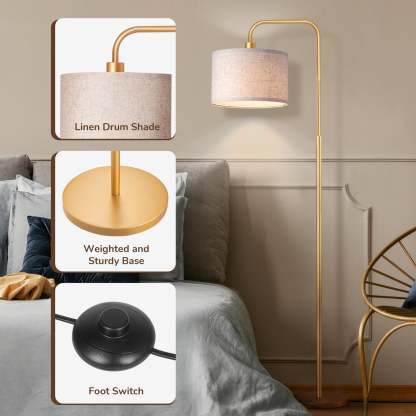 EDISHINE Modern Arc Floor Lamps for Living Room with Remote, 5CCT, Dimmable, Metal Pole Lamps with Shade for Bedroom, Office, Bulb Included, Gold-HFLEA5A