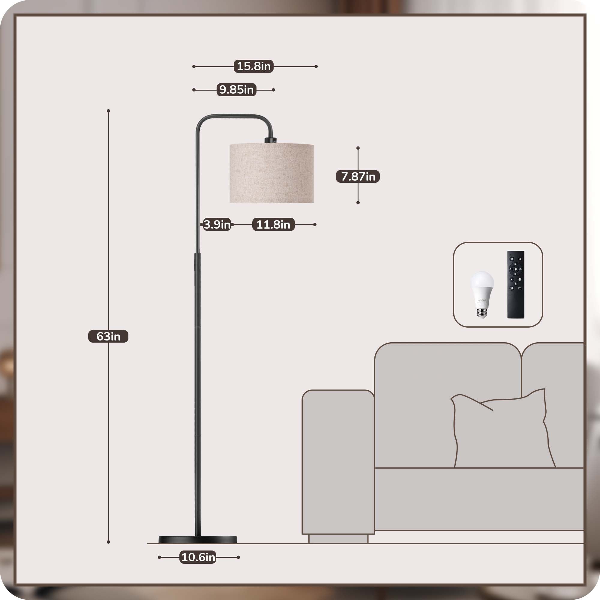 EDISHINE Modern Arc Floor Lamp with Remote for Living Room , 5CCT, Metal Dimmable Pole Lamp with Shade for Bedroom, Office, Bulb Included, Black-HFLEA5B