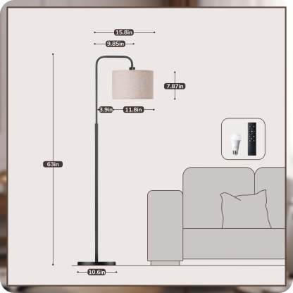 EDISHINE Modern Arc Floor Lamp with Remote for Living Room , 5CCT, Metal Dimmable Pole Lamp with Shade for Bedroom, Office, Bulb Included, Black-HFLEA5B