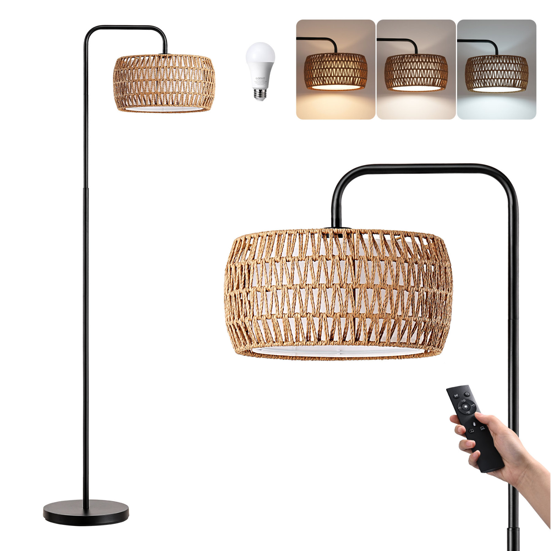 EDISHINE 63'' Arched/arc Rattan Floor Lamp With Bulb And Remote Control Included-HFLEA5C