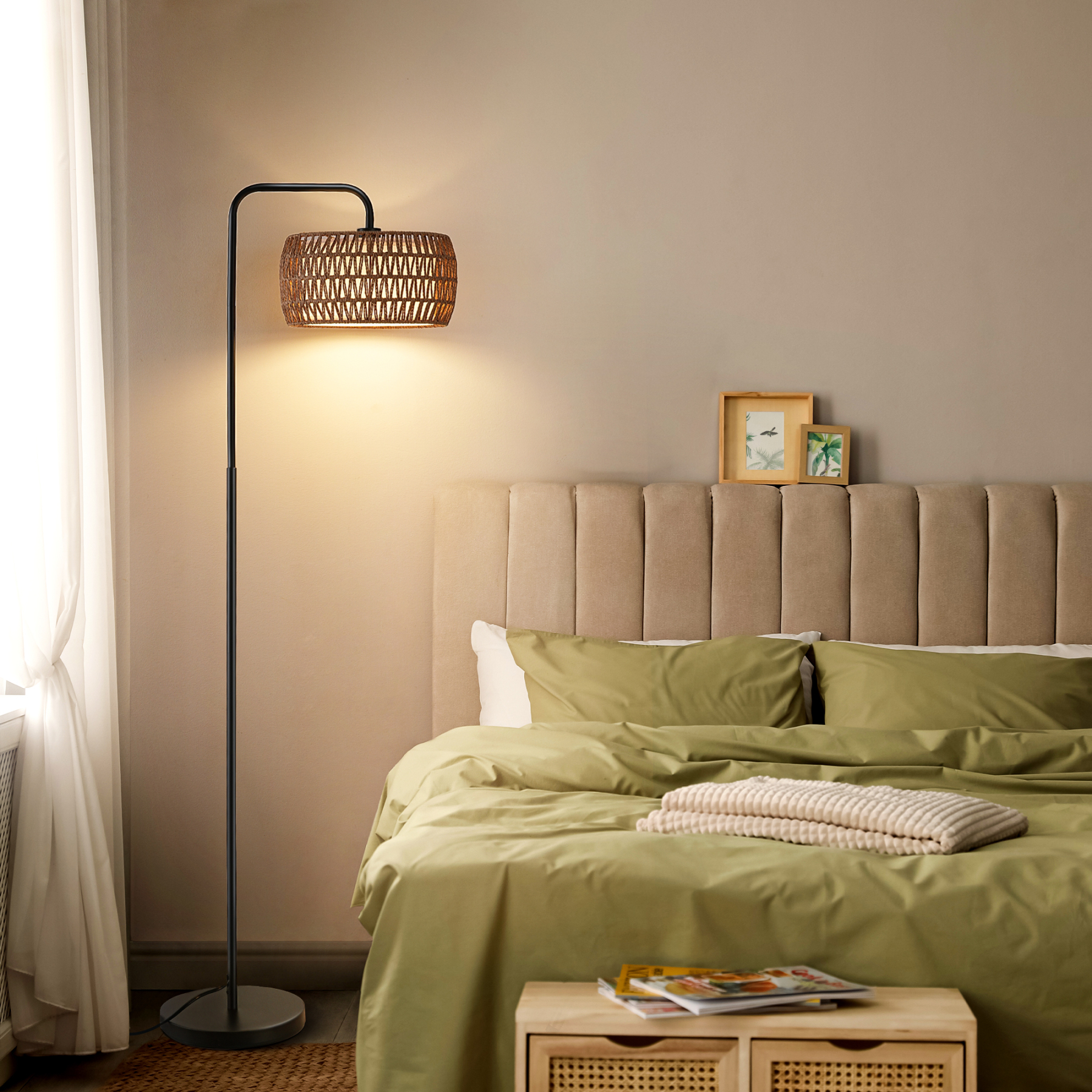 EDISHINE 63'' Arched/arc Rattan Floor Lamp With Bulb And Remote Control Included-HFLEA5C