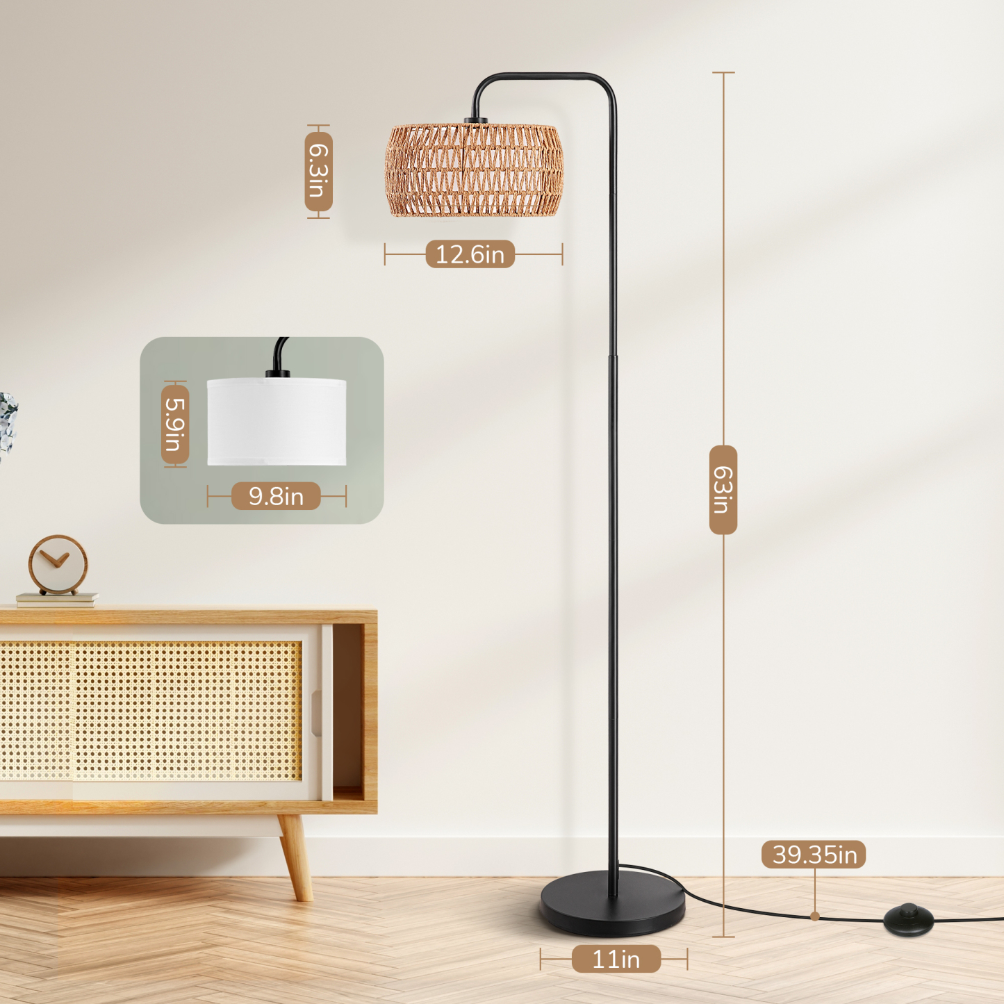 EDISHINE 63'' Arched/arc Rattan Floor Lamp With Bulb And Remote Control Included-HFLEA5C
