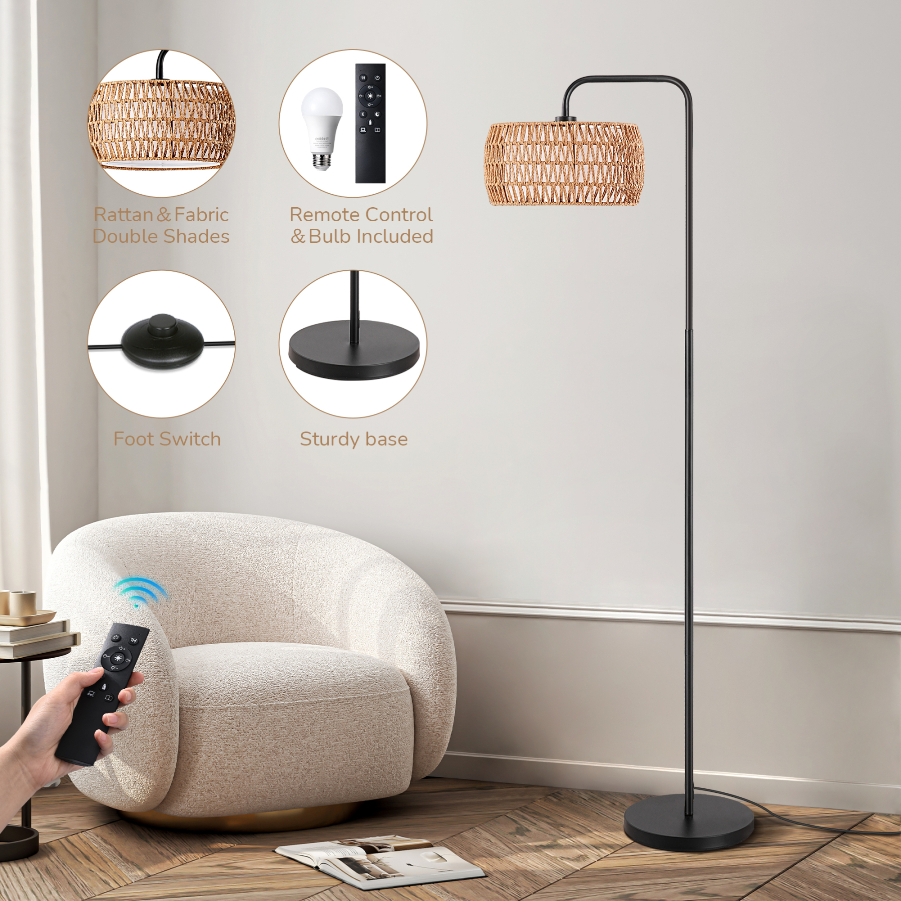 EDISHINE 63'' Arched/arc Rattan Floor Lamp With Bulb And Remote Control Included-HFLEA5C