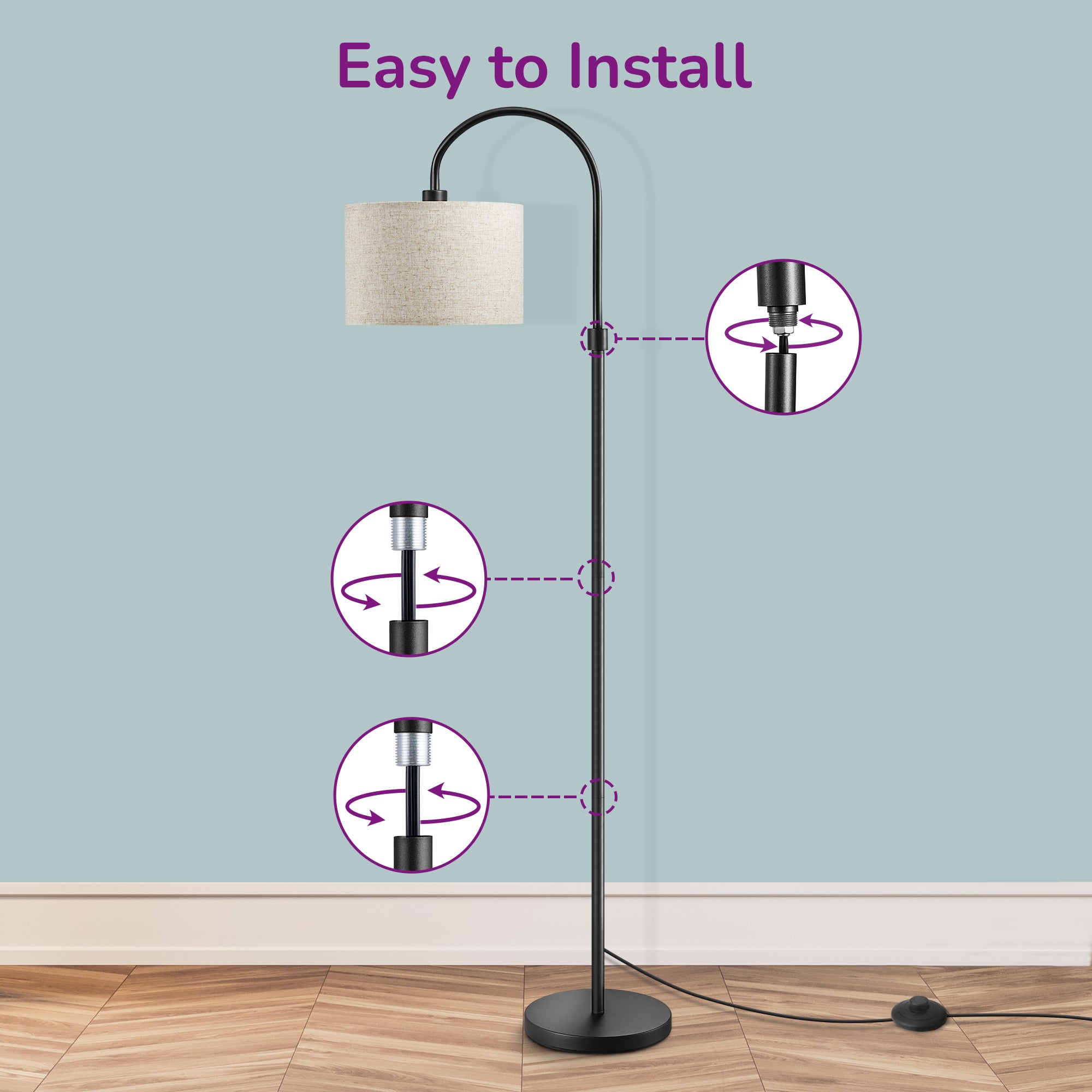 EDISHINE 61.8" Arched Floor Lamp, Black-HFLEA6B