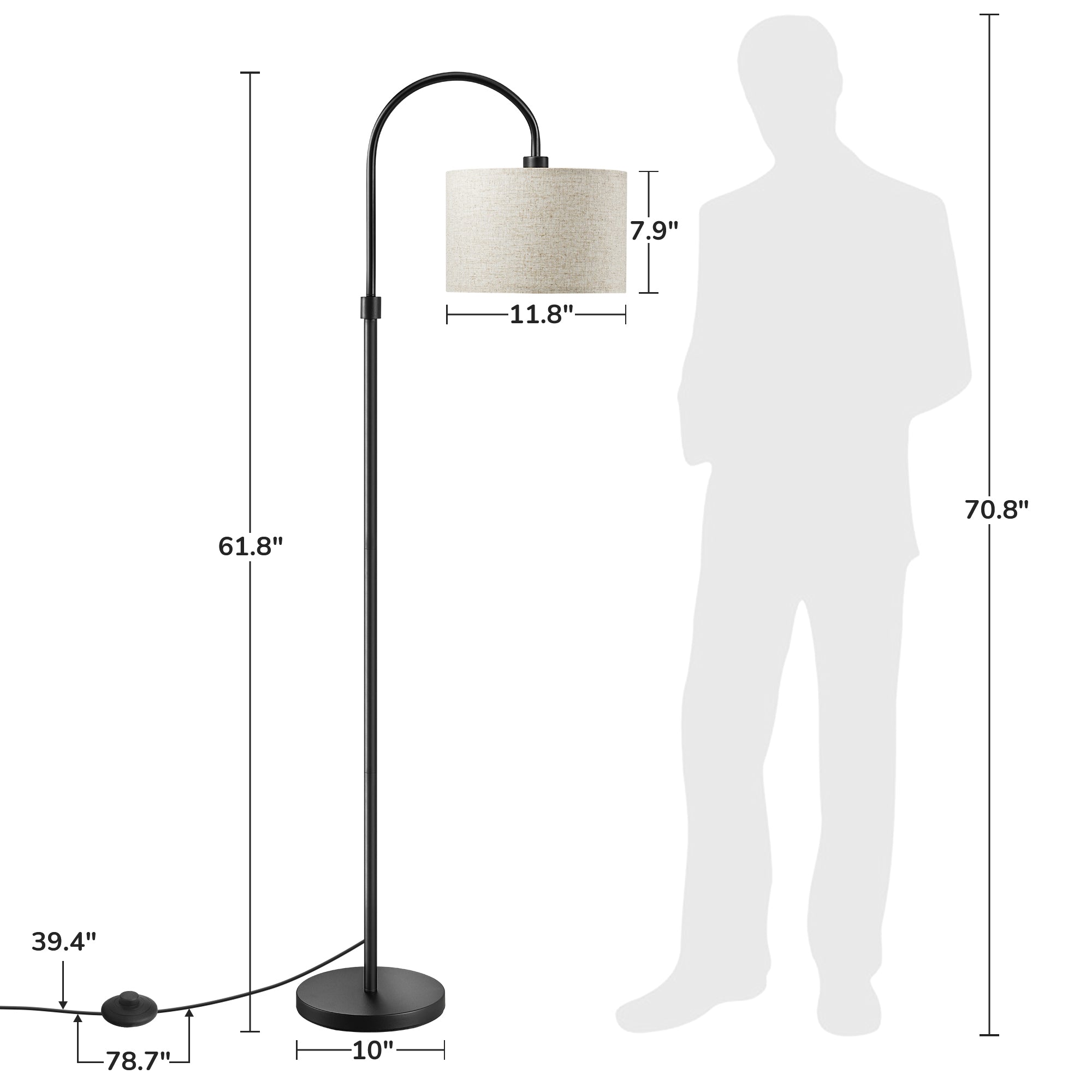 EDISHINE 61.8" Arched Floor Lamp, Black-HFLEA6B