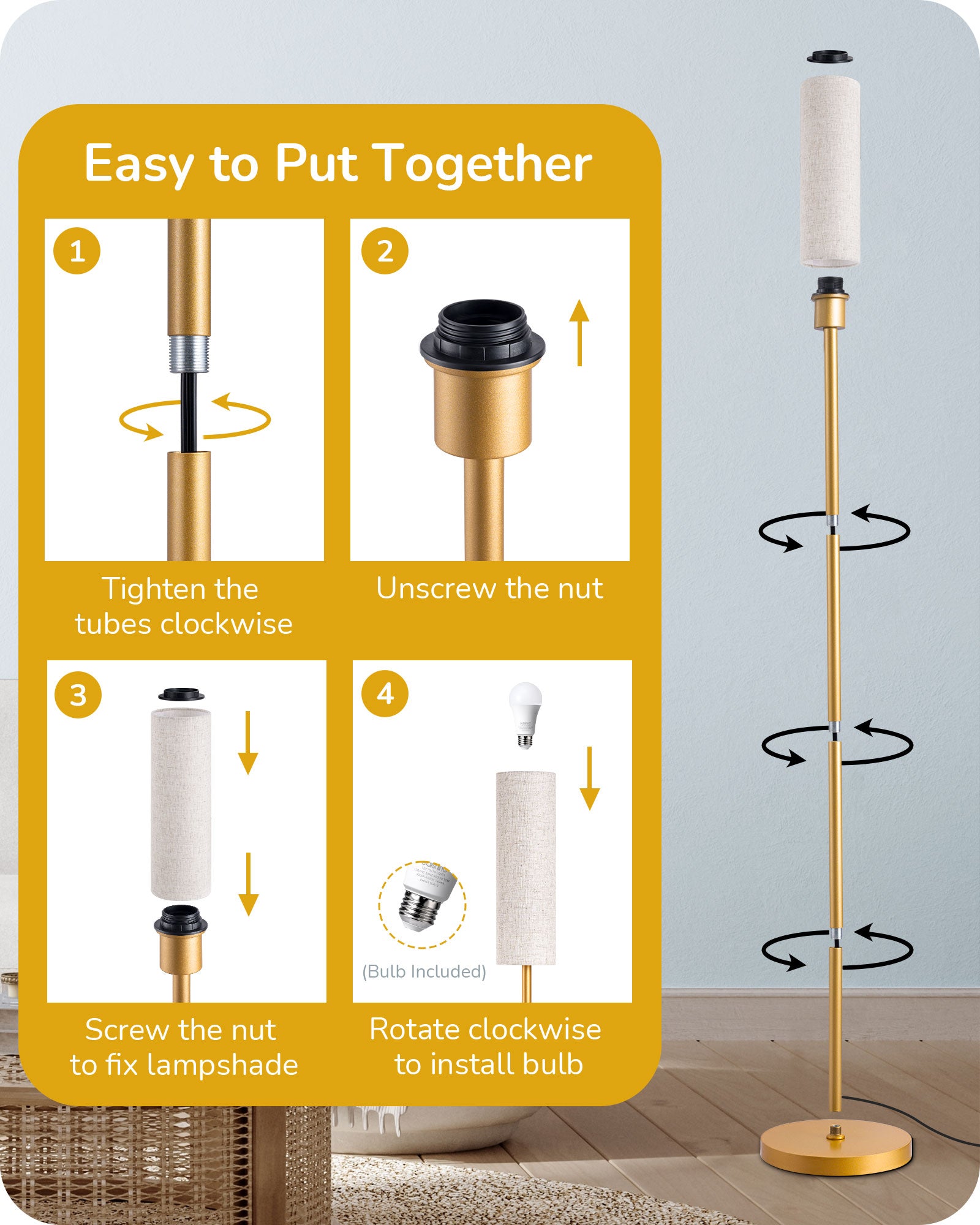 EDISHINE 65" 2700K-6000K Gold LED Corner Floor Lamp-F1HFLEC1A