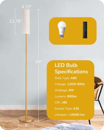 EDISHINE 65" 2700K-6000K Gold LED Corner Floor Lamp-F1HFLEC1A