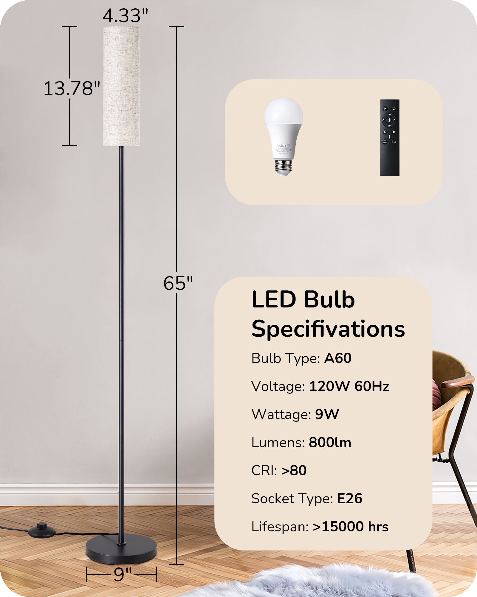 EDISHINE Pole Floor Lamp with Fabric Shade -HFLEC1B
