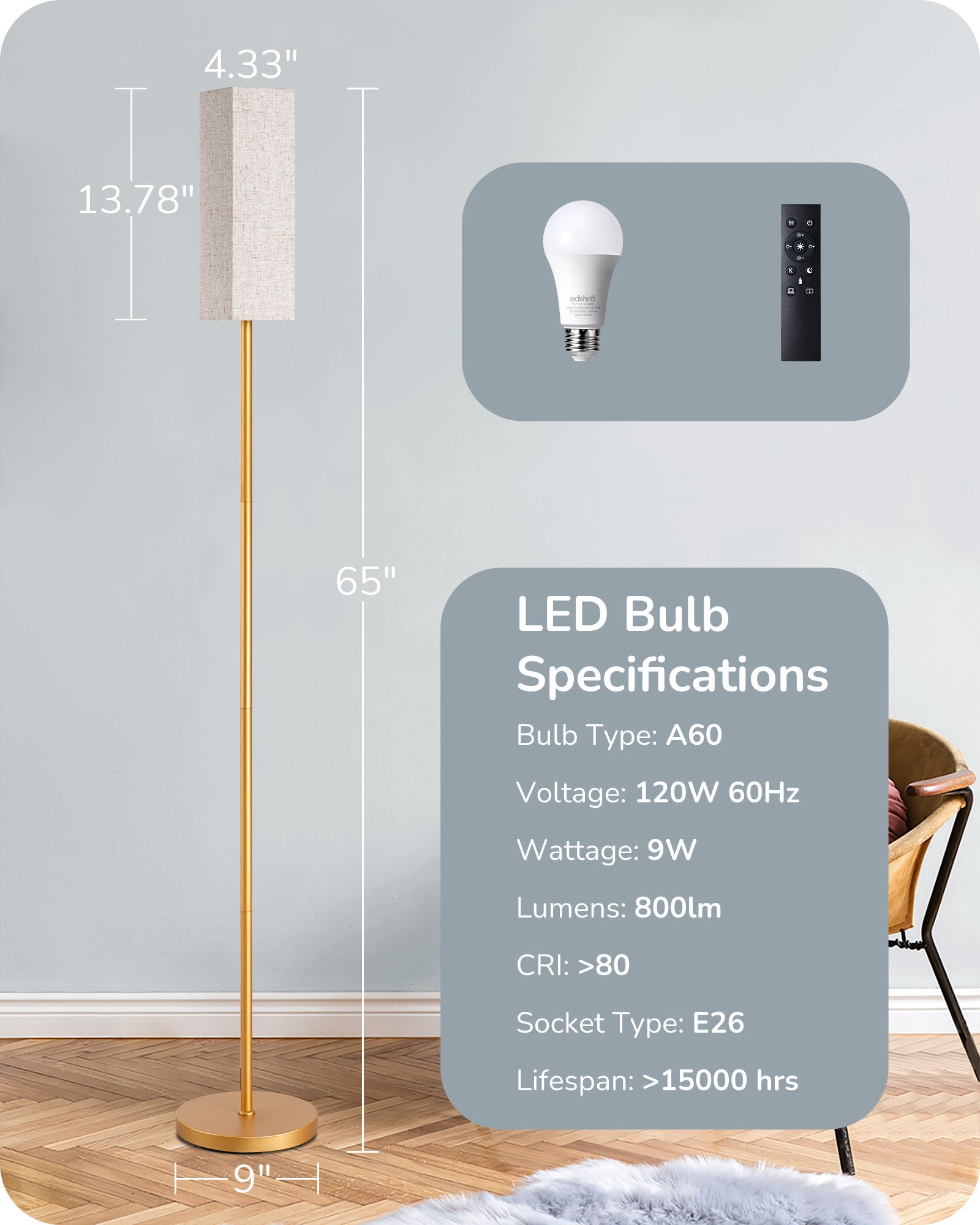 EDISHINE Pole Floor Lamp with Fabric Shade-HFLEC2A