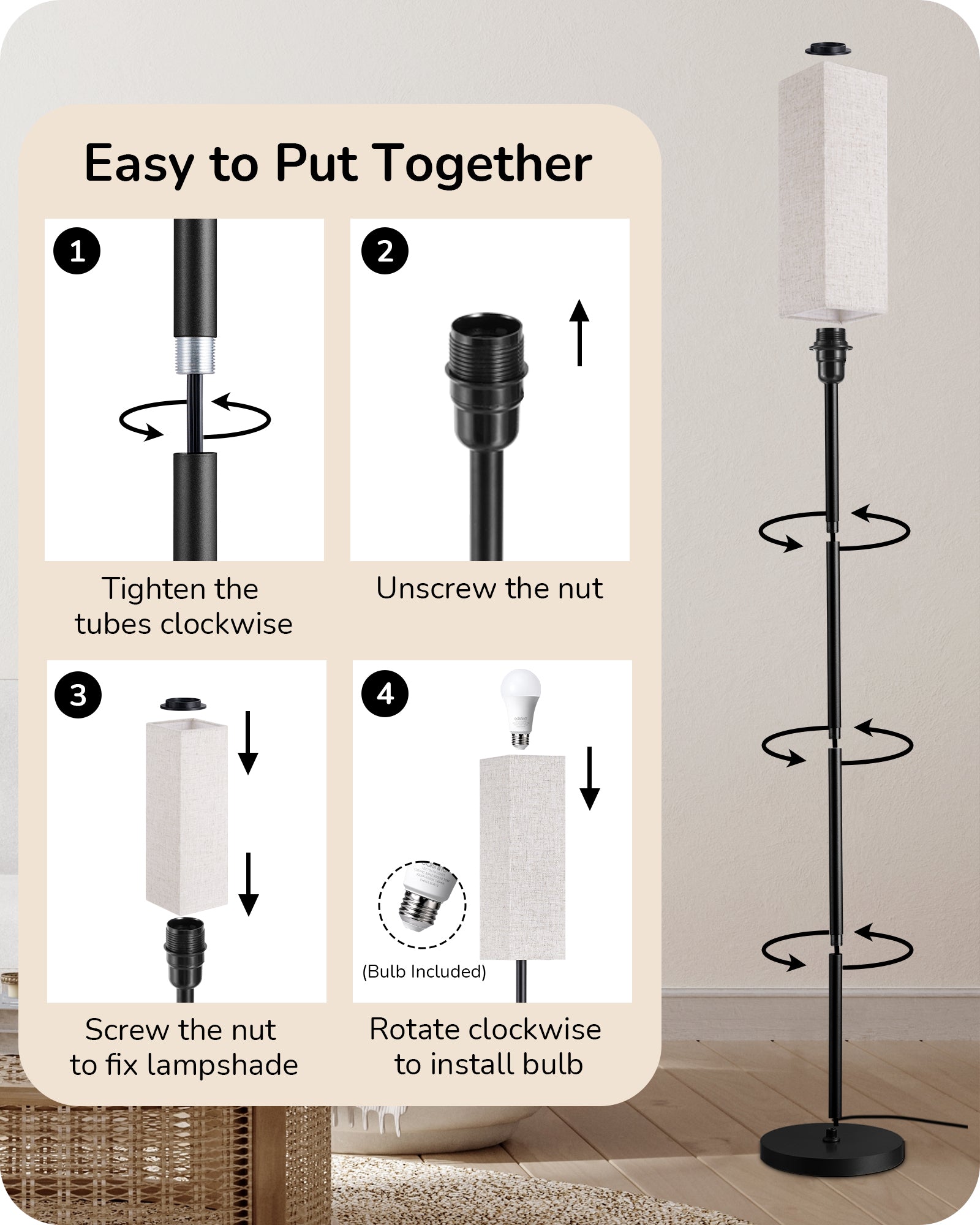 EDISHINE Pole Floor Lamp with Fabric Shade-HFLEC2B