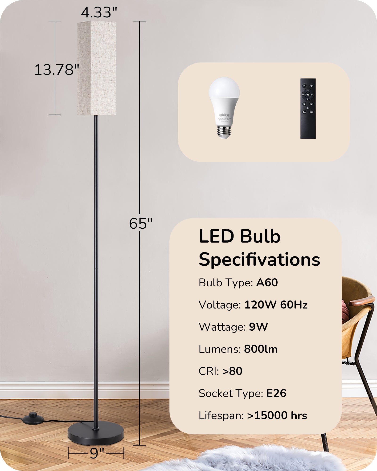 EDISHINE Pole Floor Lamp with Fabric Shade-HFLEC2B