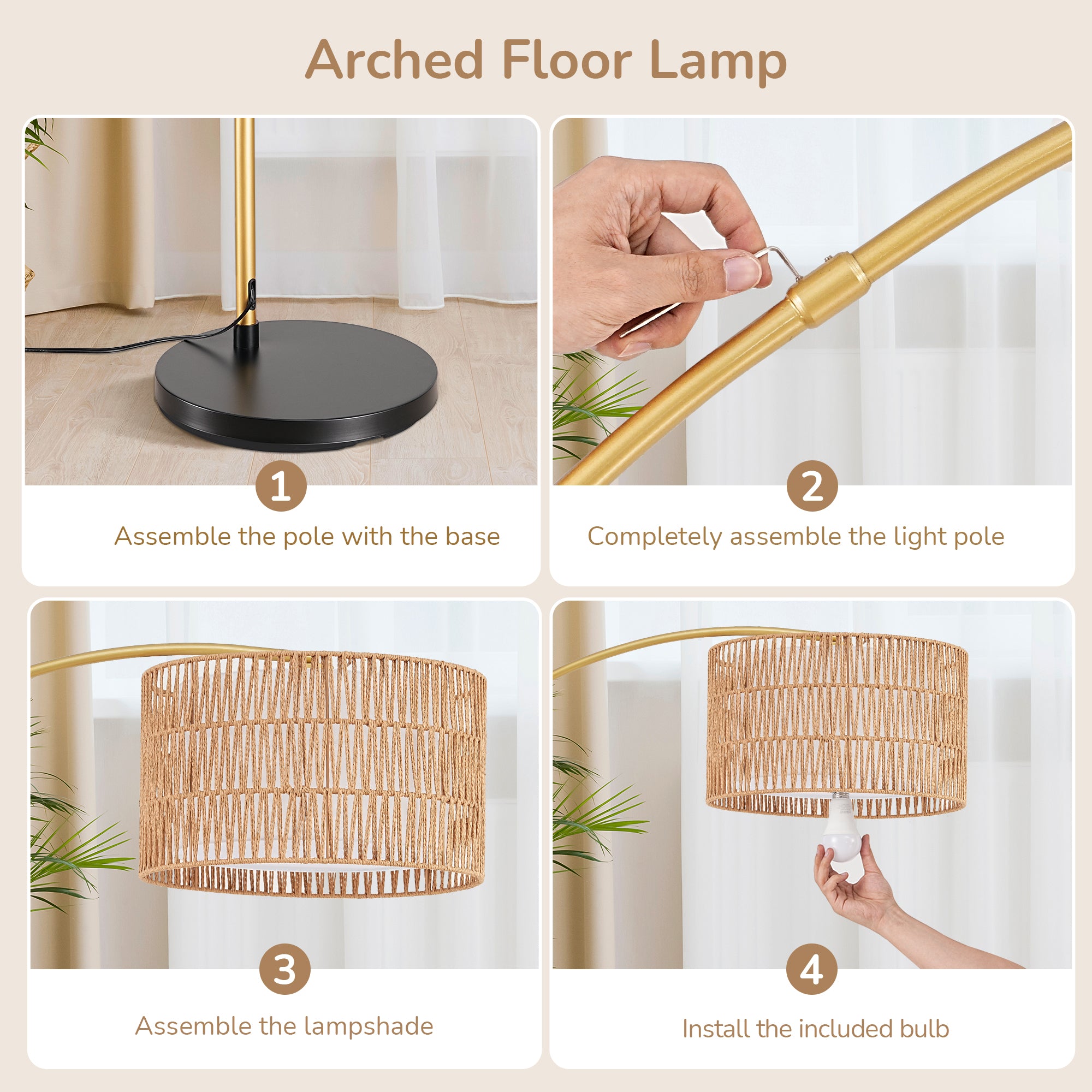 缺货下架EDISHINE 76" Rattan Arched Dimmable Floor Lamp with Remote Control,Bulb Included-HFLEC4A