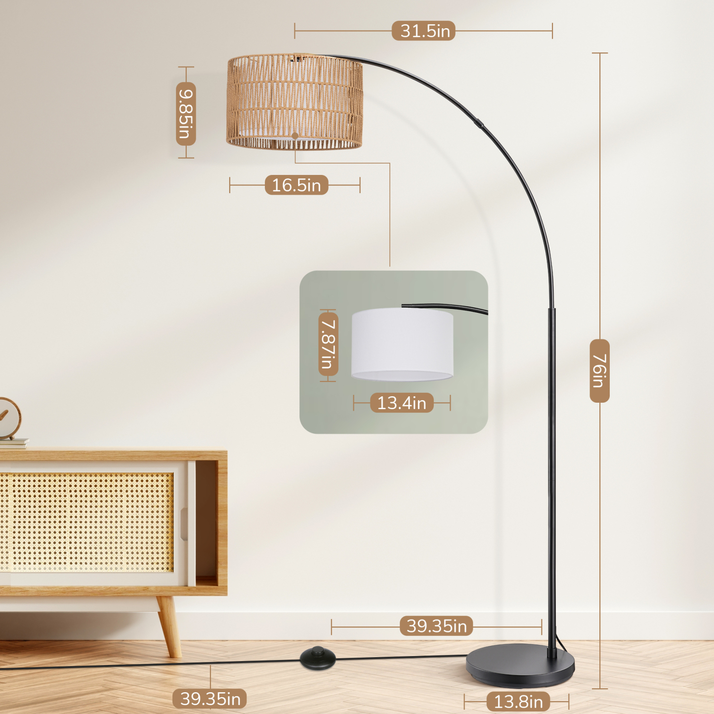 EDISHINE 76'' Rattan Arched Dimmable Floor Lamp With Remote Control And Bulb Included-HFLEC4B