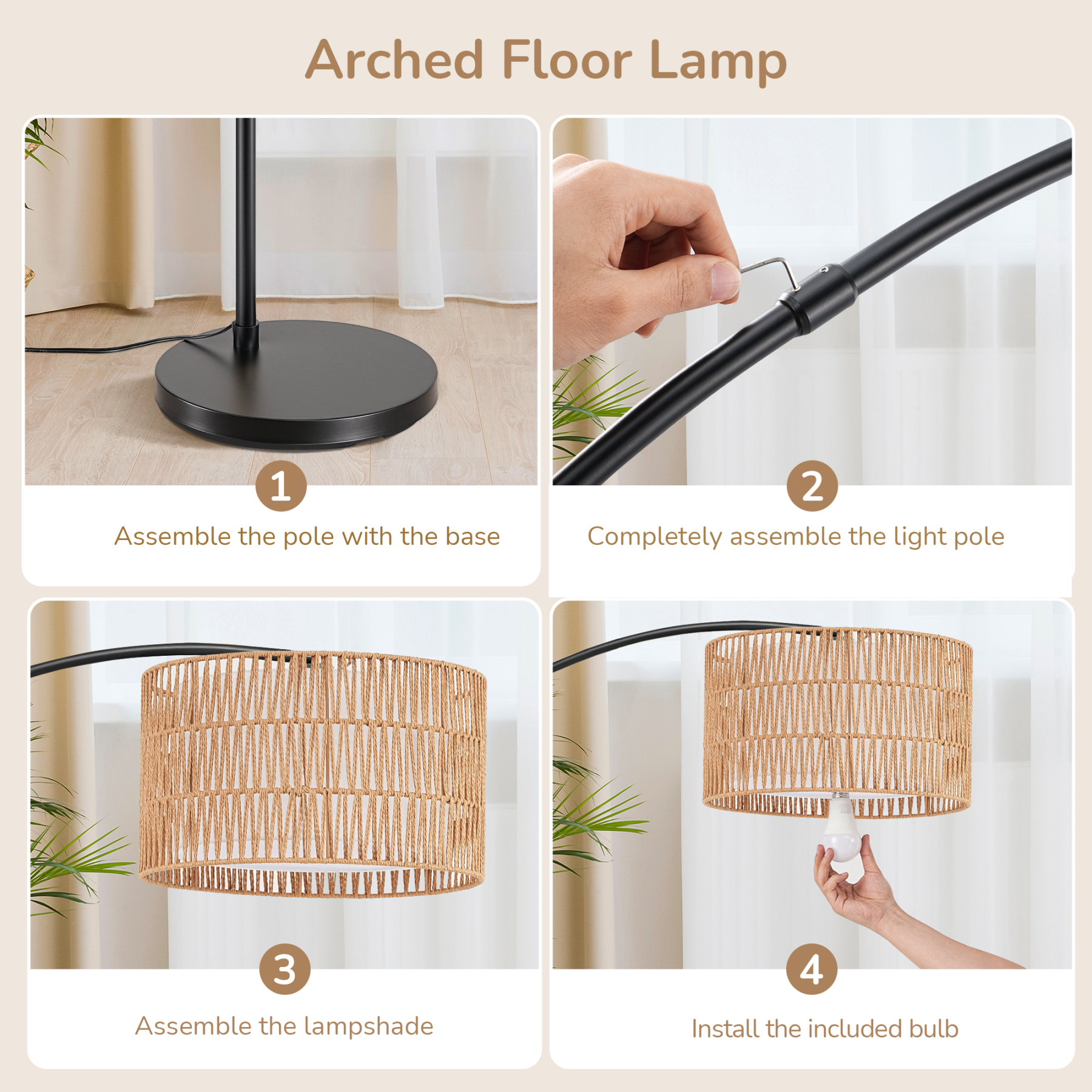 EDISHINE 76'' Rattan Arched Dimmable Floor Lamp With Remote Control And Bulb Included-HFLEC4B