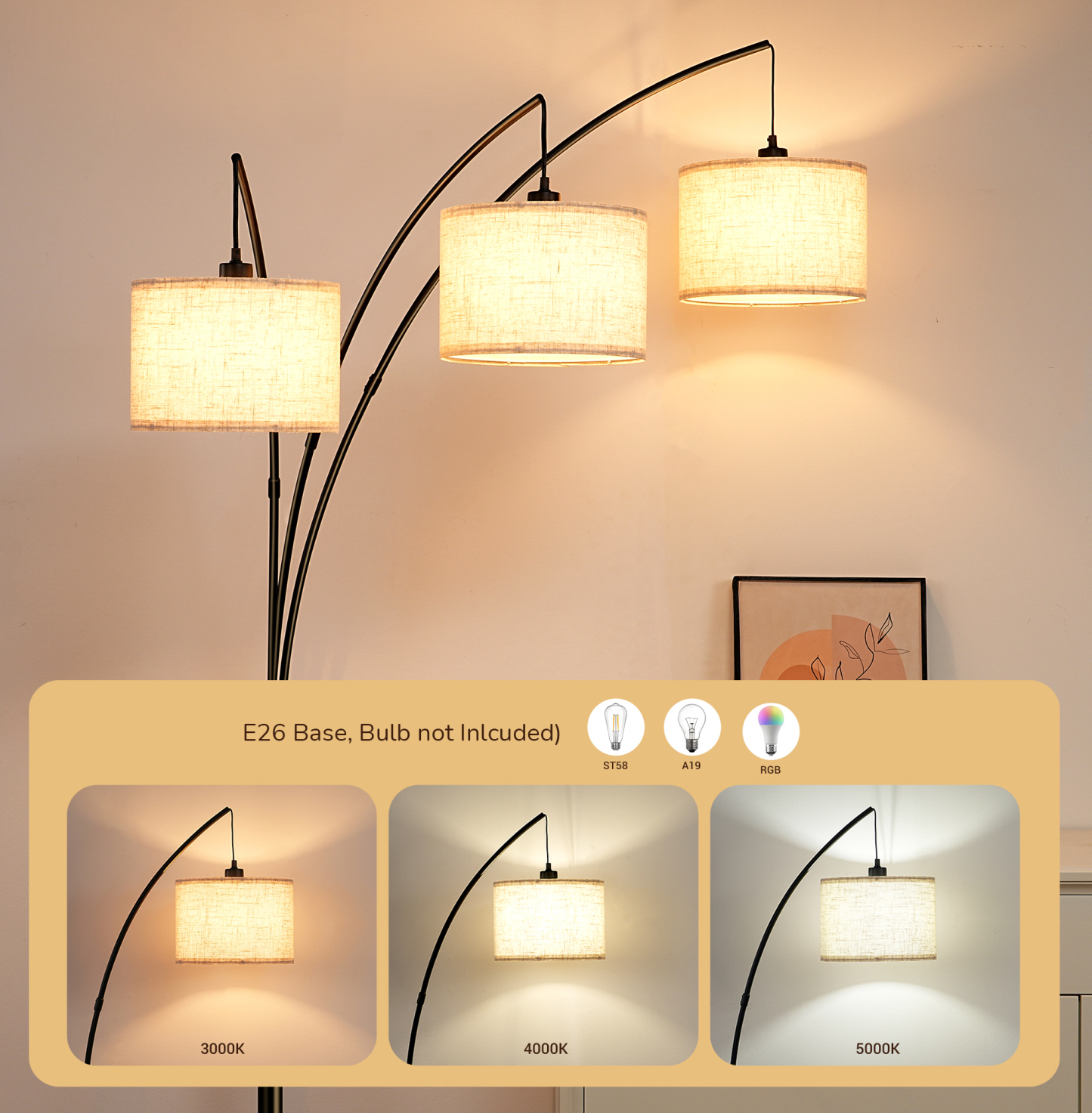 EDISHINE 83'' 3-way Dimmable Arc Tree Floor Lamp With Rotary Switch-HFLEE1B