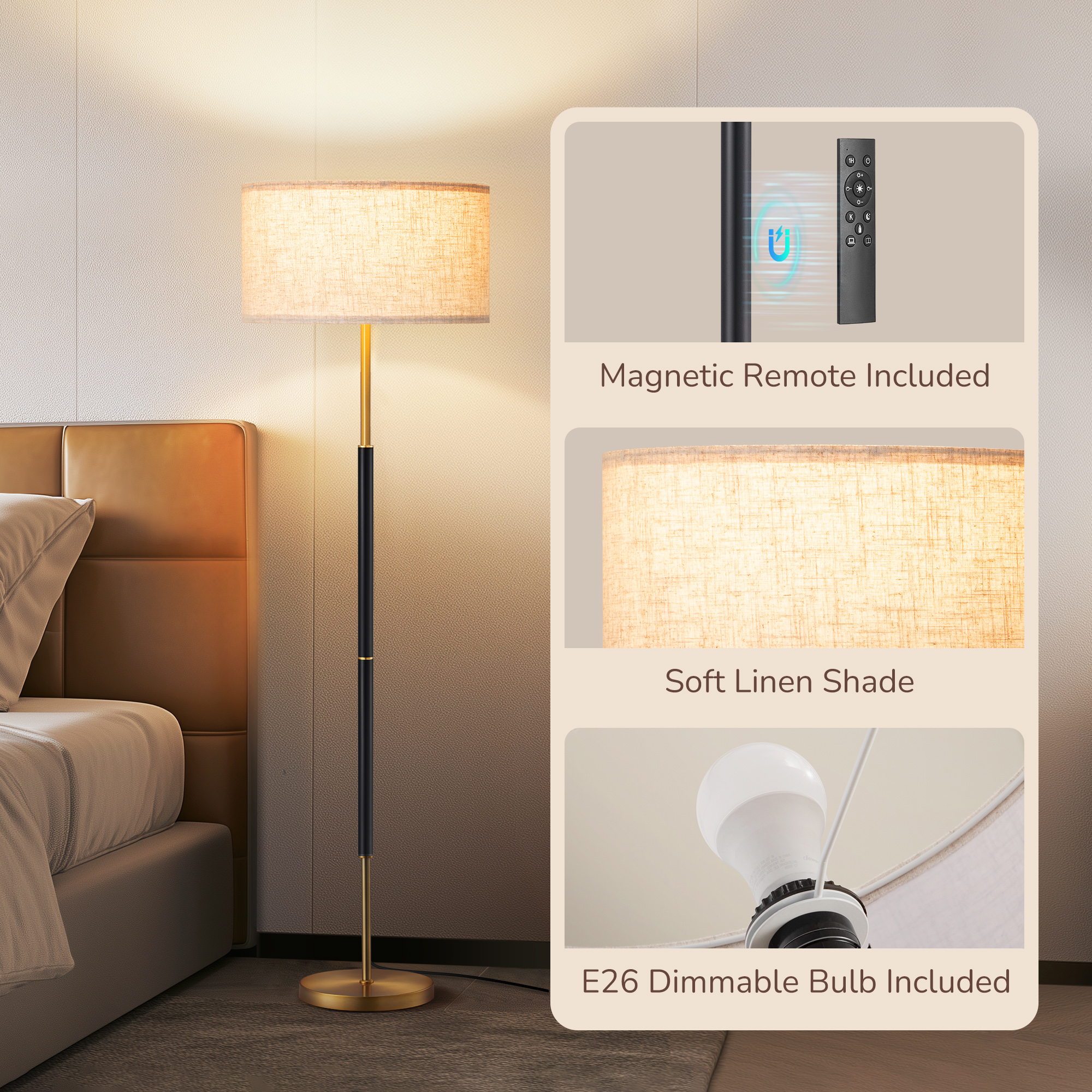EDISHINE 65" Dimmable Standard Floor Lamp With Remote And Bulb Included-HFLFB1A