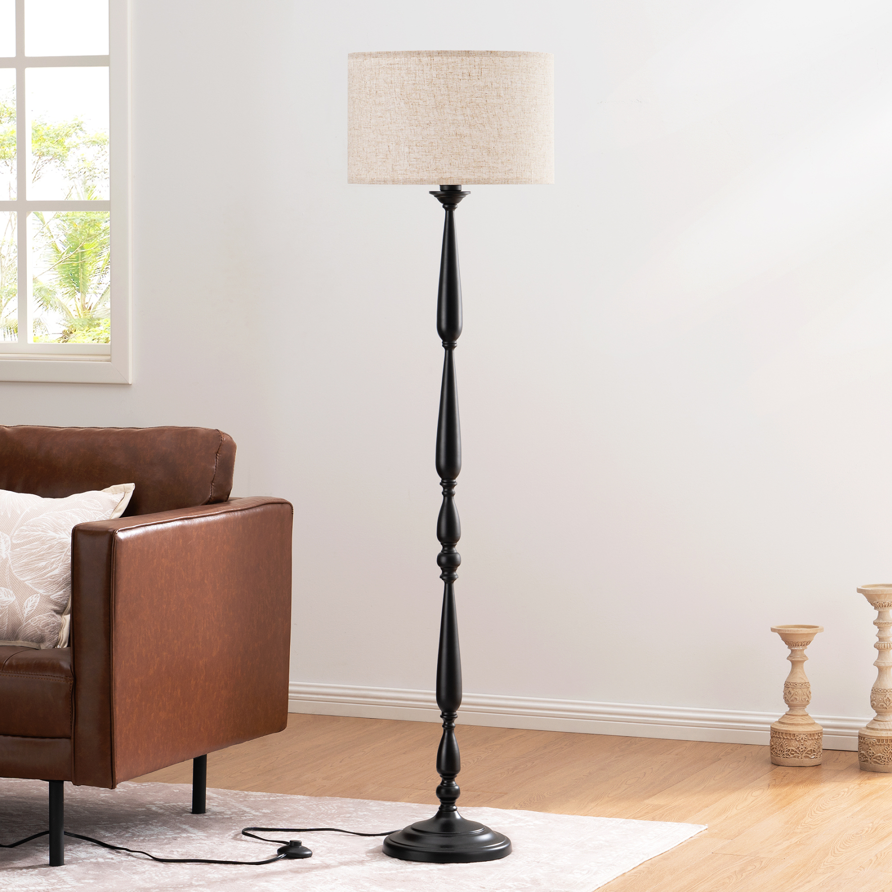 EDISHINE 62" Black Traditional Floor Lamp with Remote & Dimmable Bulb