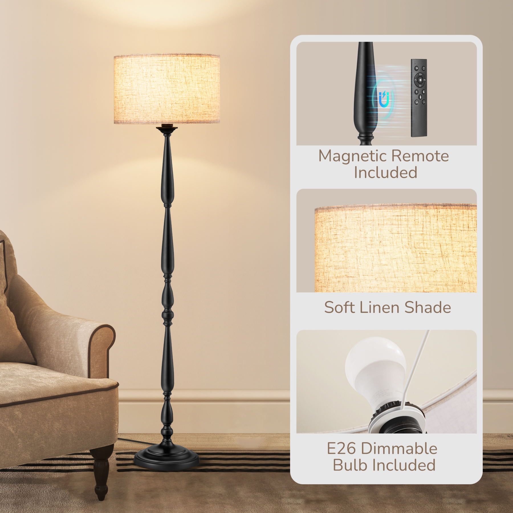EDISHINE 62" Black Traditional Floor Lamp with Remote & Dimmable Bulb