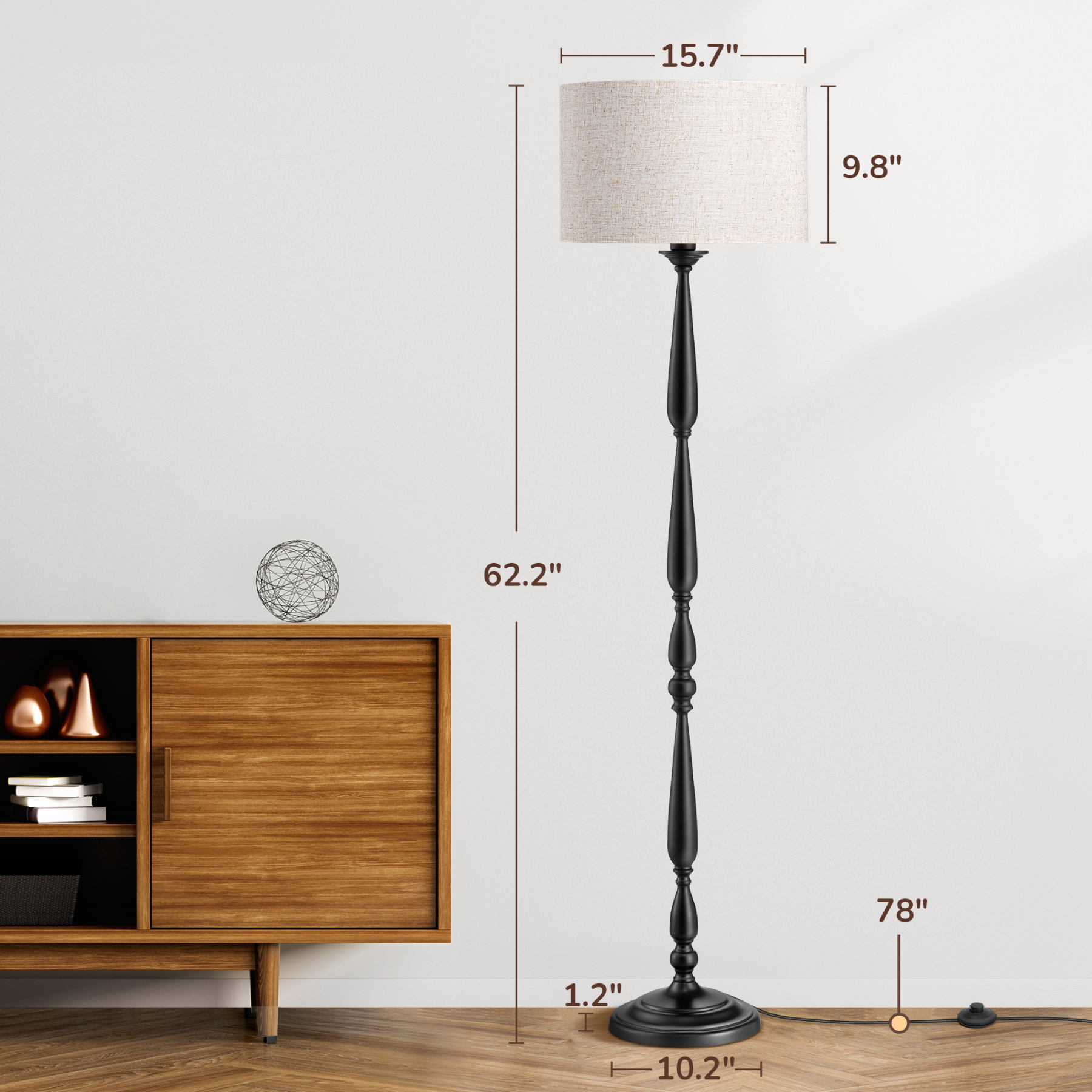 EDISHINE 62" Black Traditional Floor Lamp with Remote & Dimmable Bulb