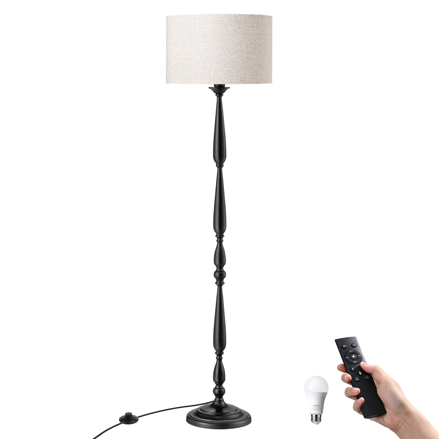 EDISHINE 62" Black Traditional Floor Lamp with Remote & Dimmable Bulb