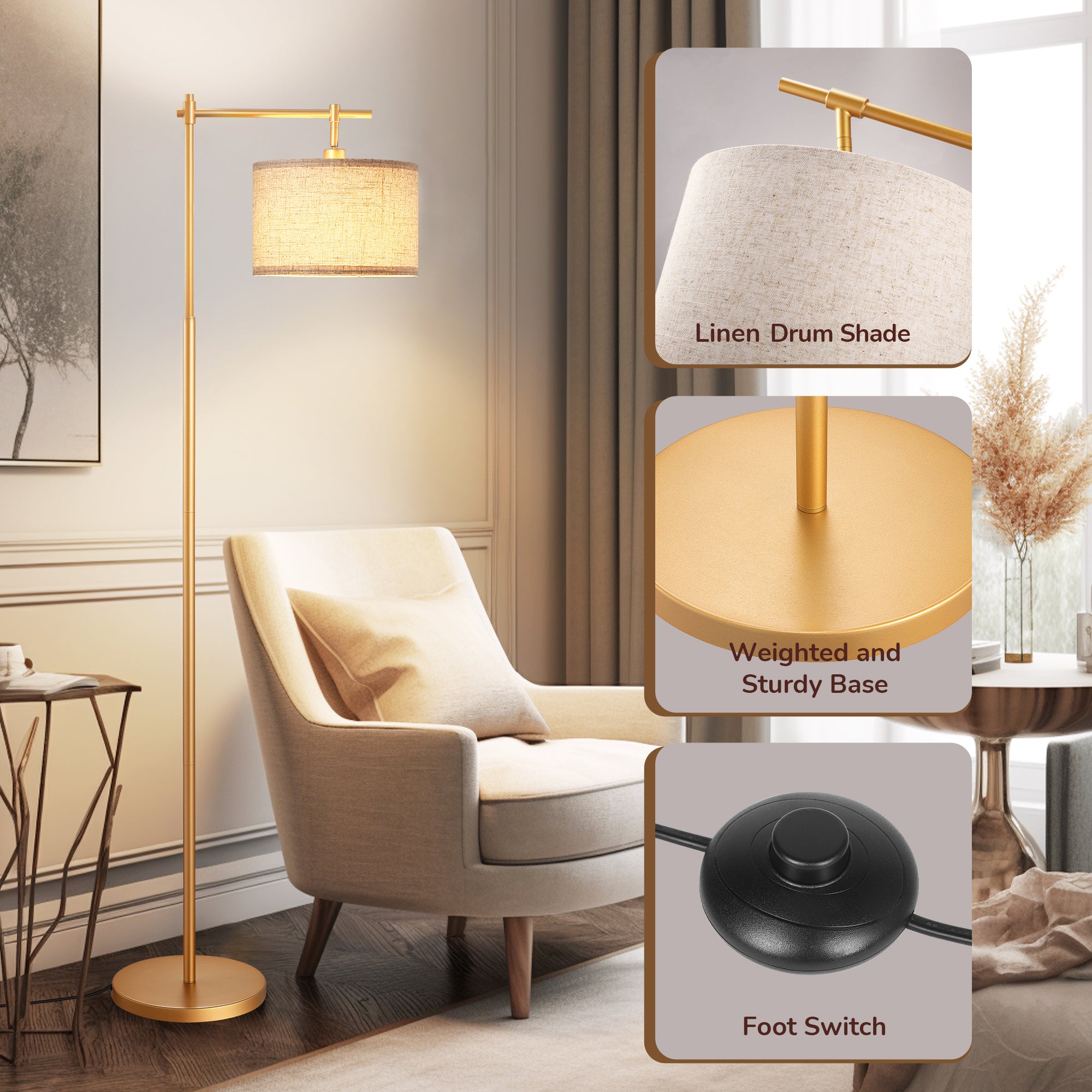 EDISHINE 63" Arched Floor Lamp, Gold-HFLG04A