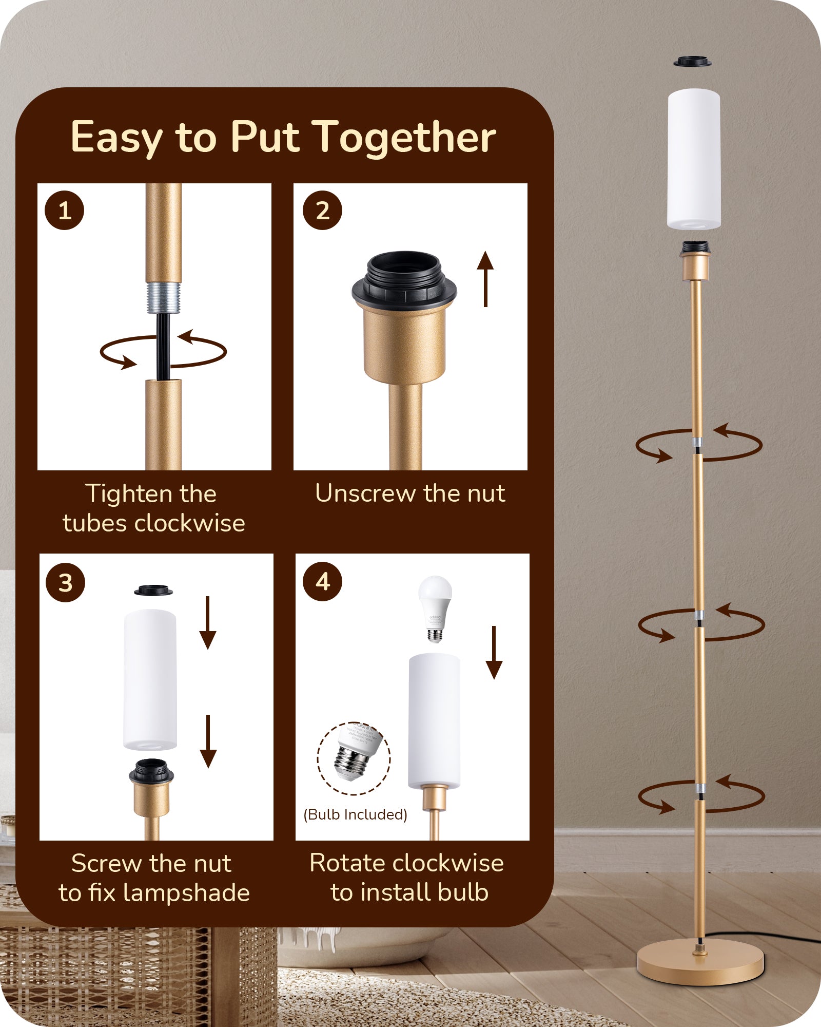 EDISHINE 2 Pack 65" Gold Dimmable LED Corner Floor Lamp with Remote-ZHFLG09D2