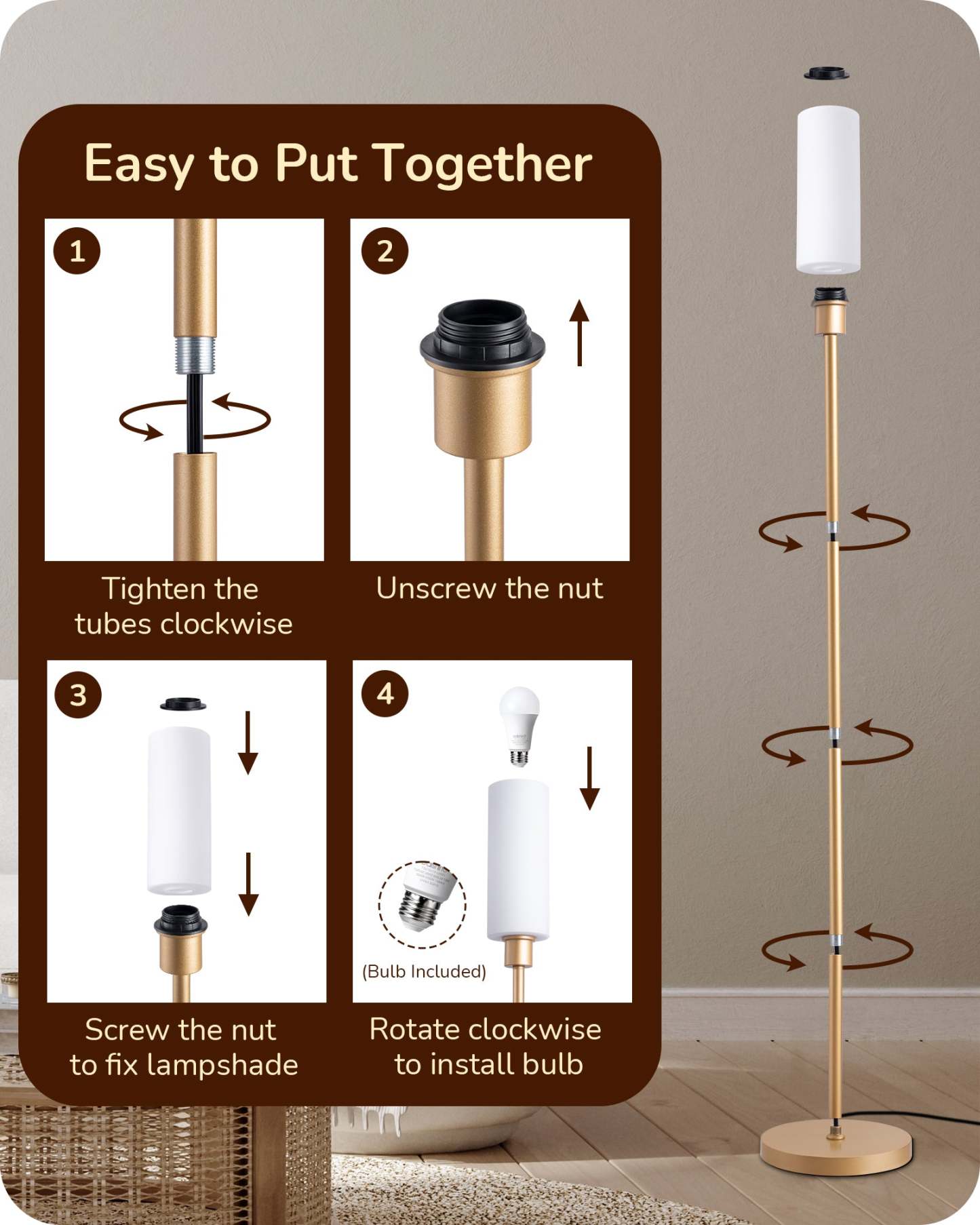 EDISHINE 2 Pack 65" Gold Dimmable LED Corner Floor Lamp with Remote-ZHFLG09D2