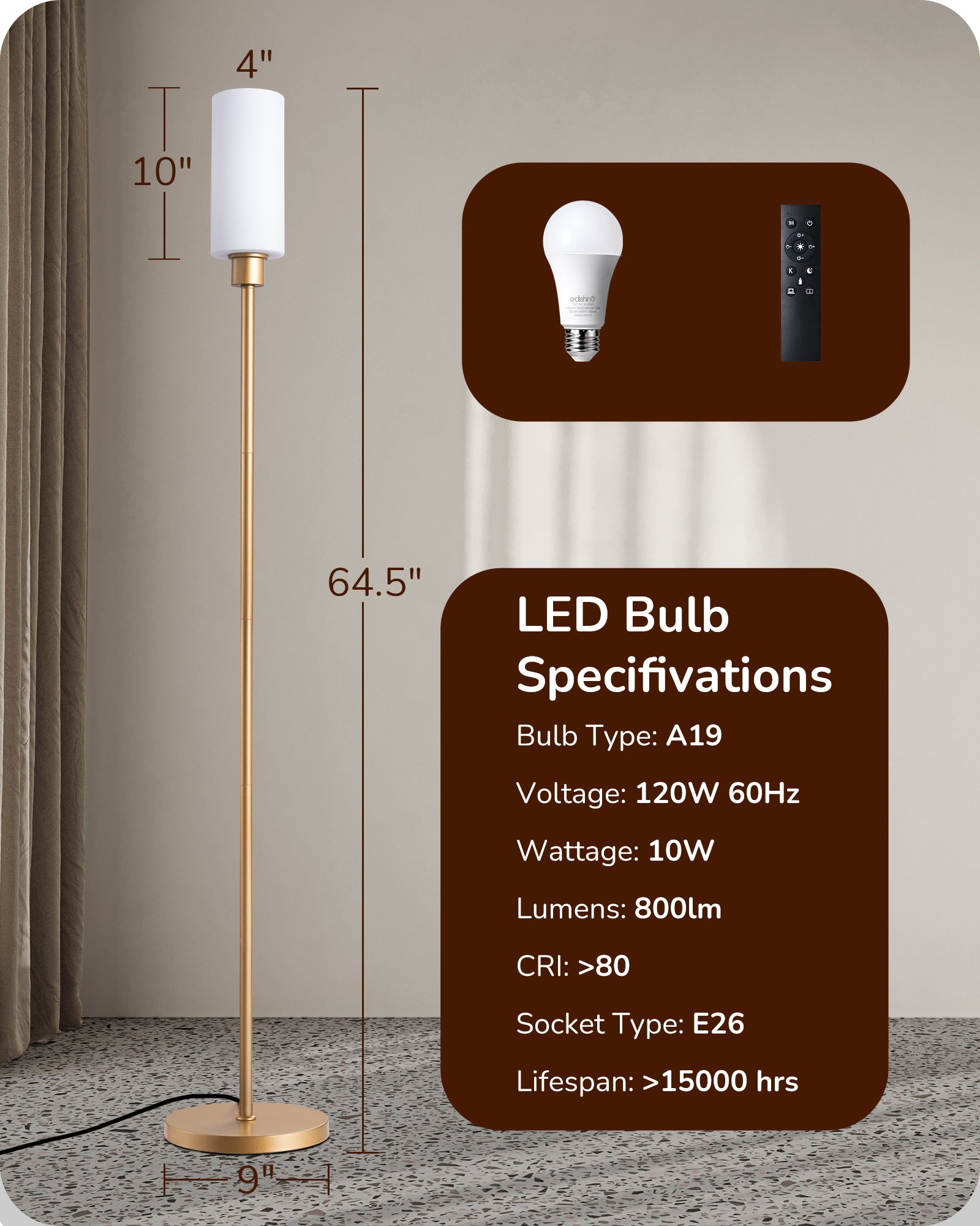 EDISHINE 2 Pack 65" Gold Dimmable LED Corner Floor Lamp with Remote-ZHFLG09D2
