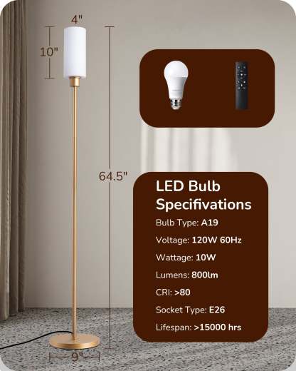EDISHINE 2 Pack 65" Gold Dimmable LED Corner Floor Lamp with Remote-ZHFLG09D2
