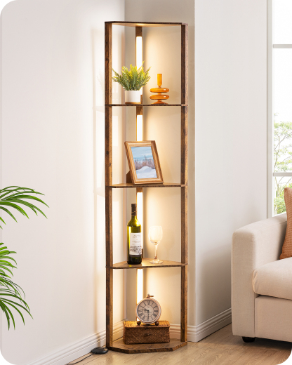 EDISHINE 64" 3CCT Stepless Dimmable Corner Shelf Floor Lamp, Burlywood-HFLHA1A