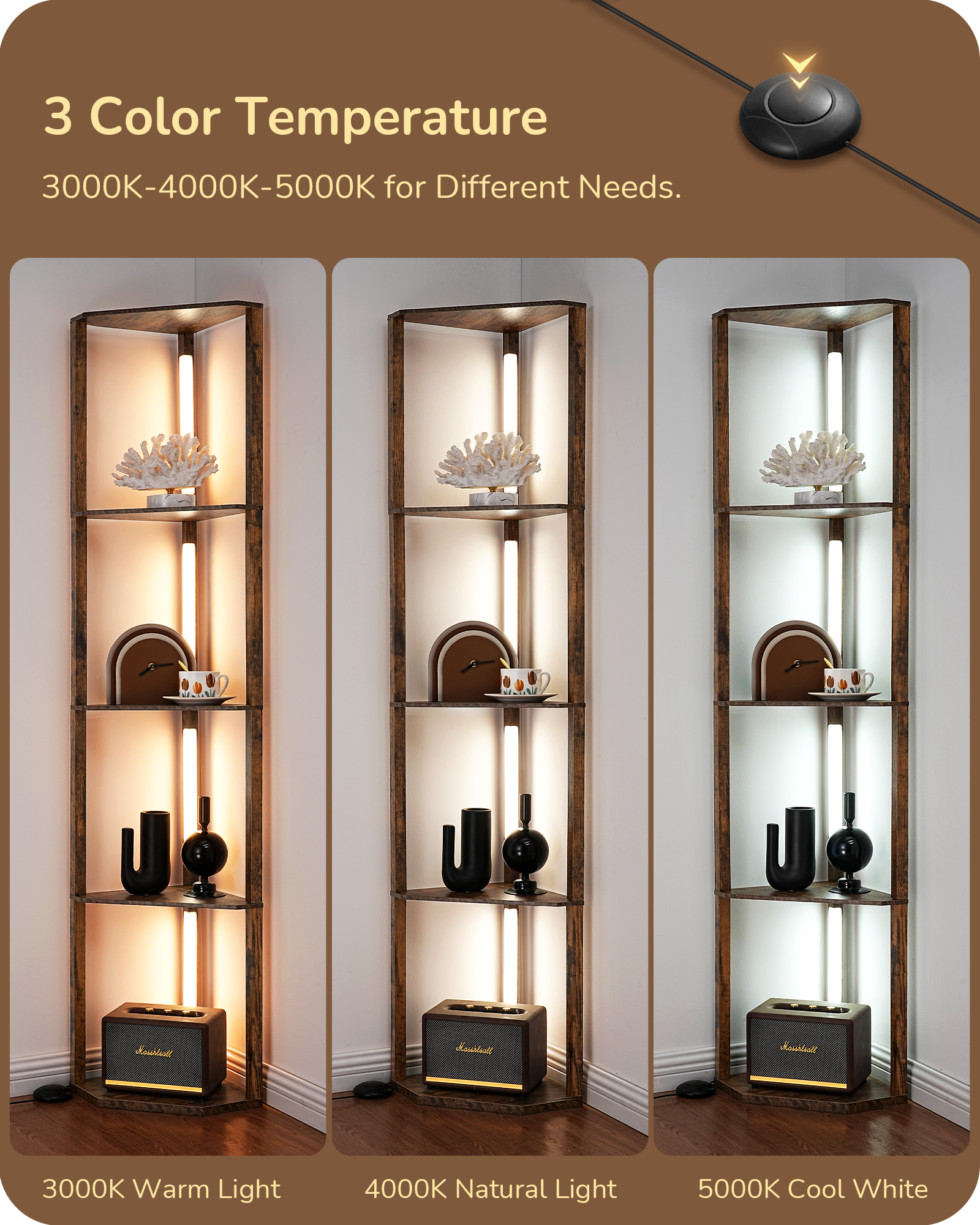 EDISHINE 64" 3CCT Stepless Dimmable Corner Shelf Floor Lamp, Burlywood-HFLHA1A