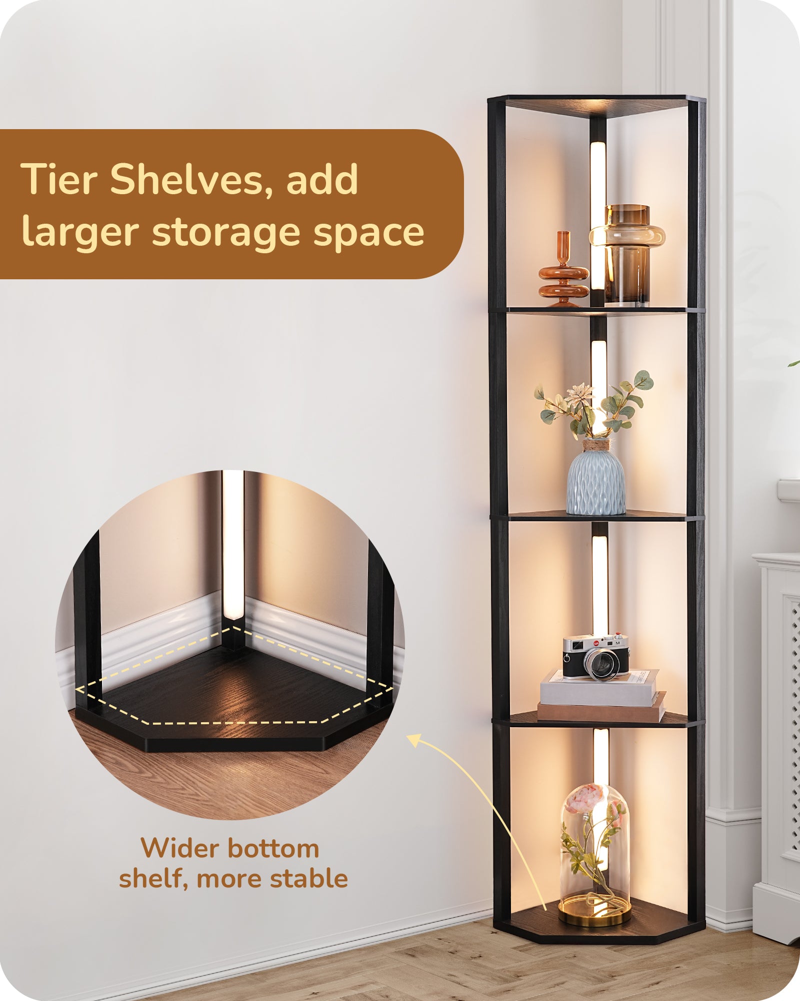 EDISHINE 64" Dimmable Corner Shelf with Lights-HFLHA1B