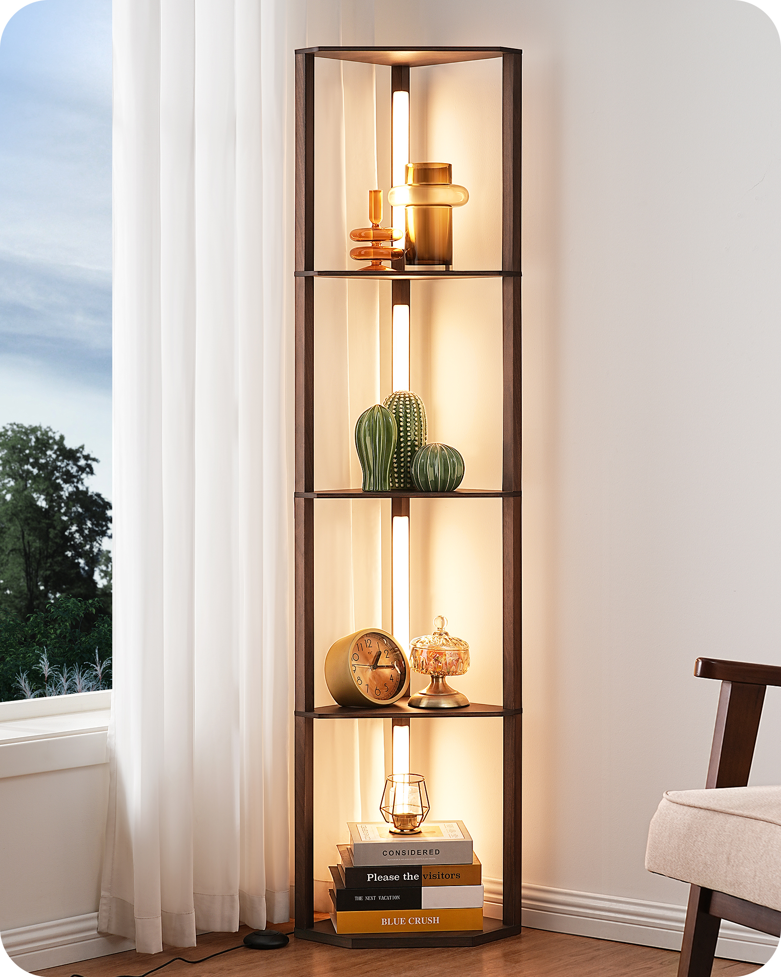 EDISHINE 64" 3CCT, Stepless Dimmable Corner Shelf Floor Lamp, Walnut Color-HFLHA1C