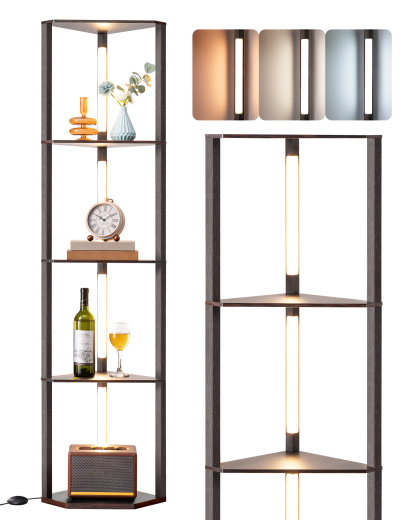 EDISHINE 64" 3CCT, Stepless Dimmable Corner Shelf Floor Lamp, Black Walnut-HFLHA1D