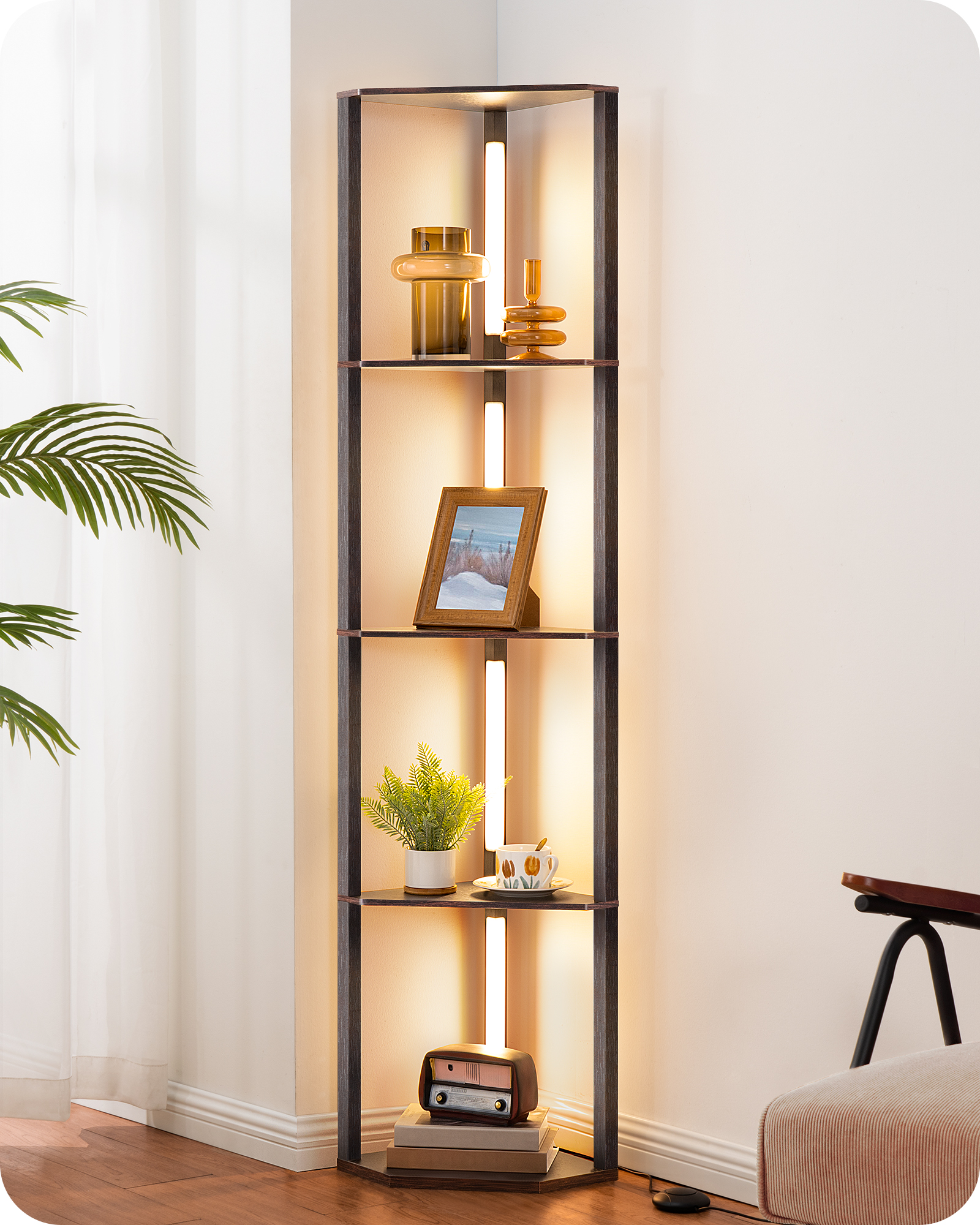 EDISHINE 64" 3CCT, Stepless Dimmable Corner Shelf Floor Lamp, Black Walnut-HFLHA1D