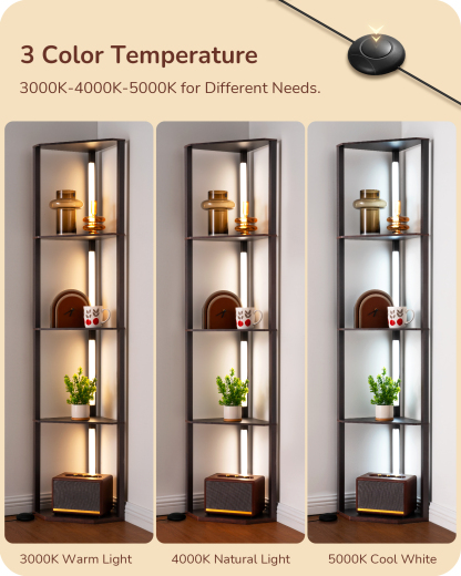 EDISHINE 64" 3CCT, Stepless Dimmable Corner Shelf Floor Lamp, Black Walnut-HFLHA1D