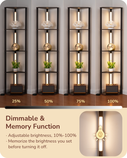 EDISHINE 64" 3CCT, Stepless Dimmable Corner Shelf Floor Lamp, Black Walnut-HFLHA1D