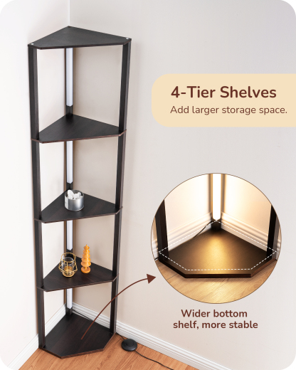 EDISHINE 64" 3CCT, Stepless Dimmable Corner Shelf Floor Lamp, Black Walnut-HFLHA1D