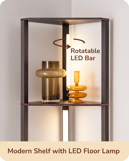 EDISHINE 64" 3CCT, Stepless Dimmable Corner Shelf Floor Lamp, Black Walnut-HFLHA1D