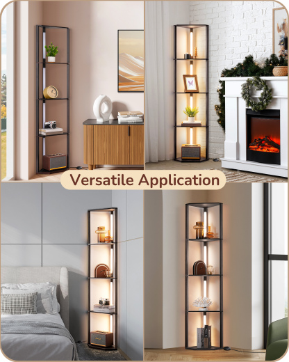EDISHINE 64" 3CCT, Stepless Dimmable Corner Shelf Floor Lamp, Black Walnut-HFLHA1D