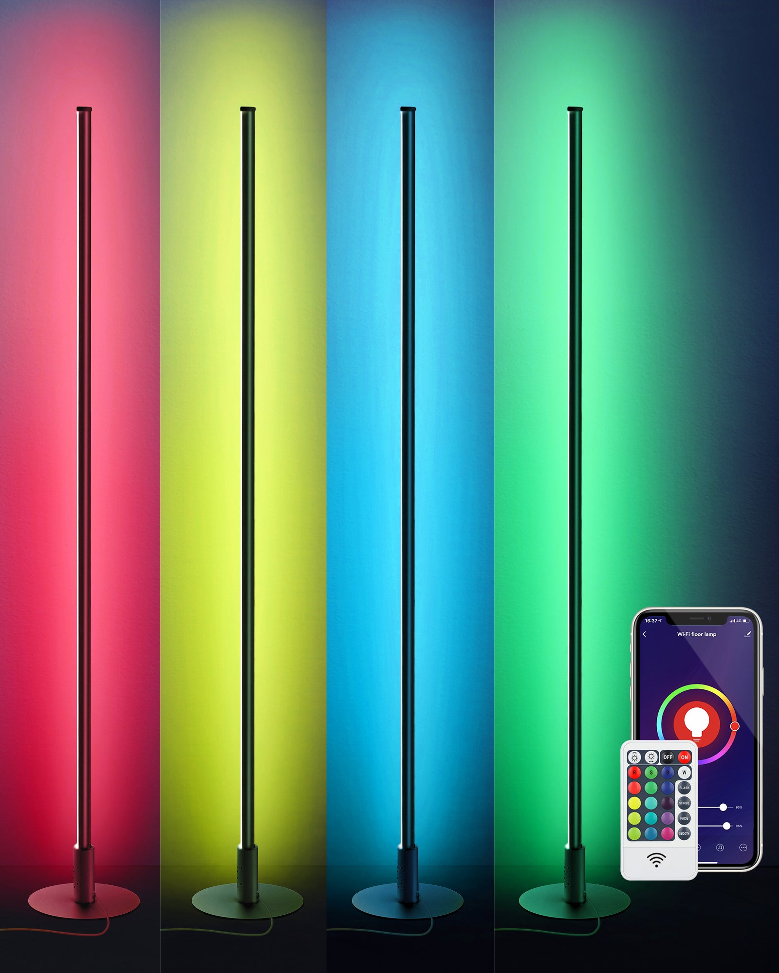 EDISHINE  Black RGBW, Mood Lighing, Smart WiFi Dimmable Floor Lamp with App & Remote Control, 1 Pack-HFLK02W