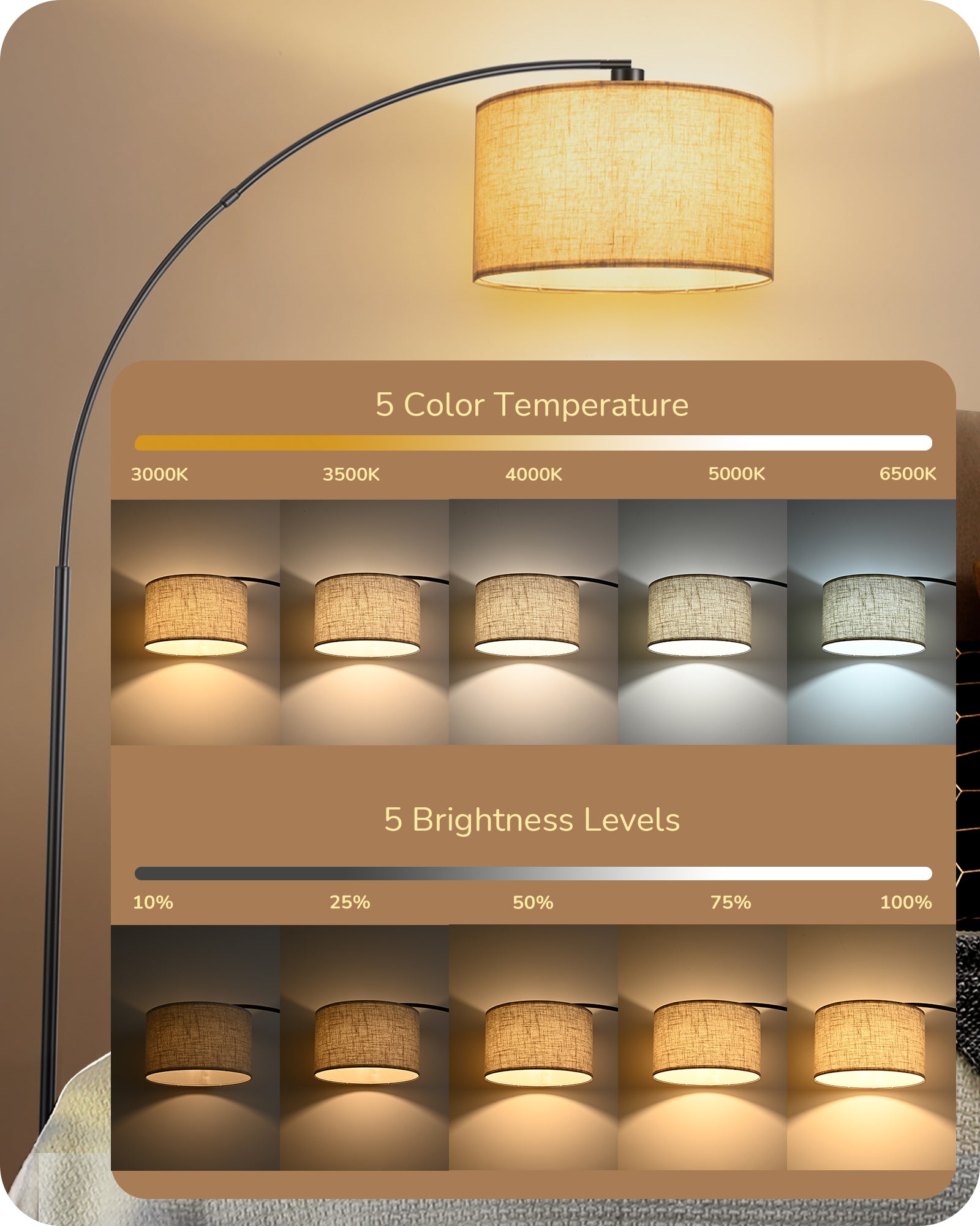 EDISHINE Arc Dimmable Floor Lamp, 5 Color Temperature-HFLK04X