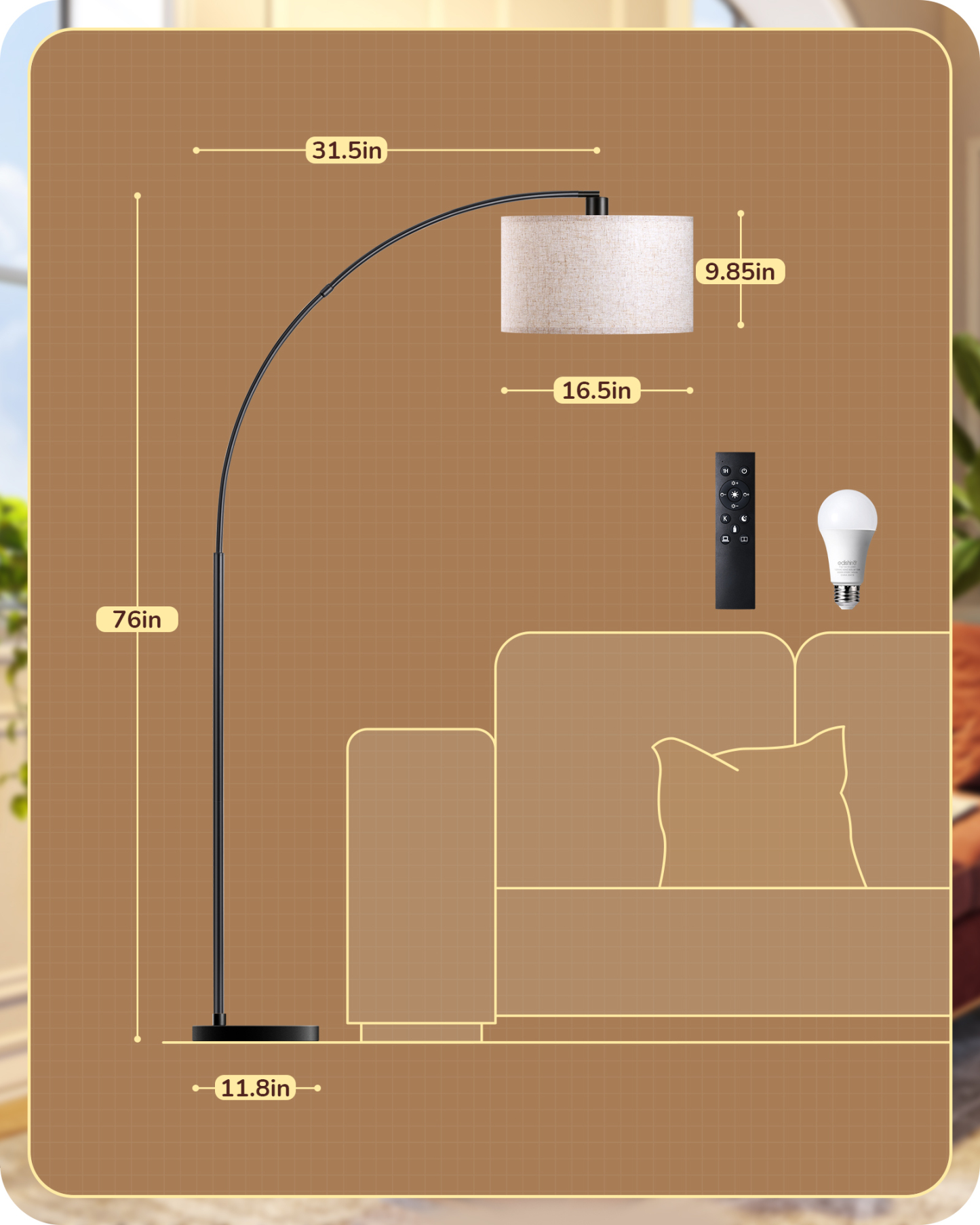 EDISHINE 78.3″ Dimmable Modern Arc Floor Lamp with Remote-HFLEC6B
