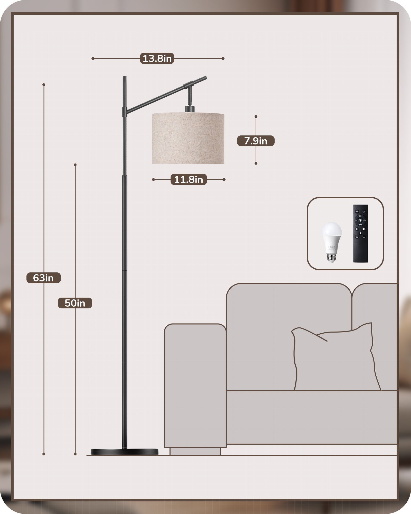 EDISHINE 63.8" Dimmable Black Floor Lamp with Remote Control-HFLK54B