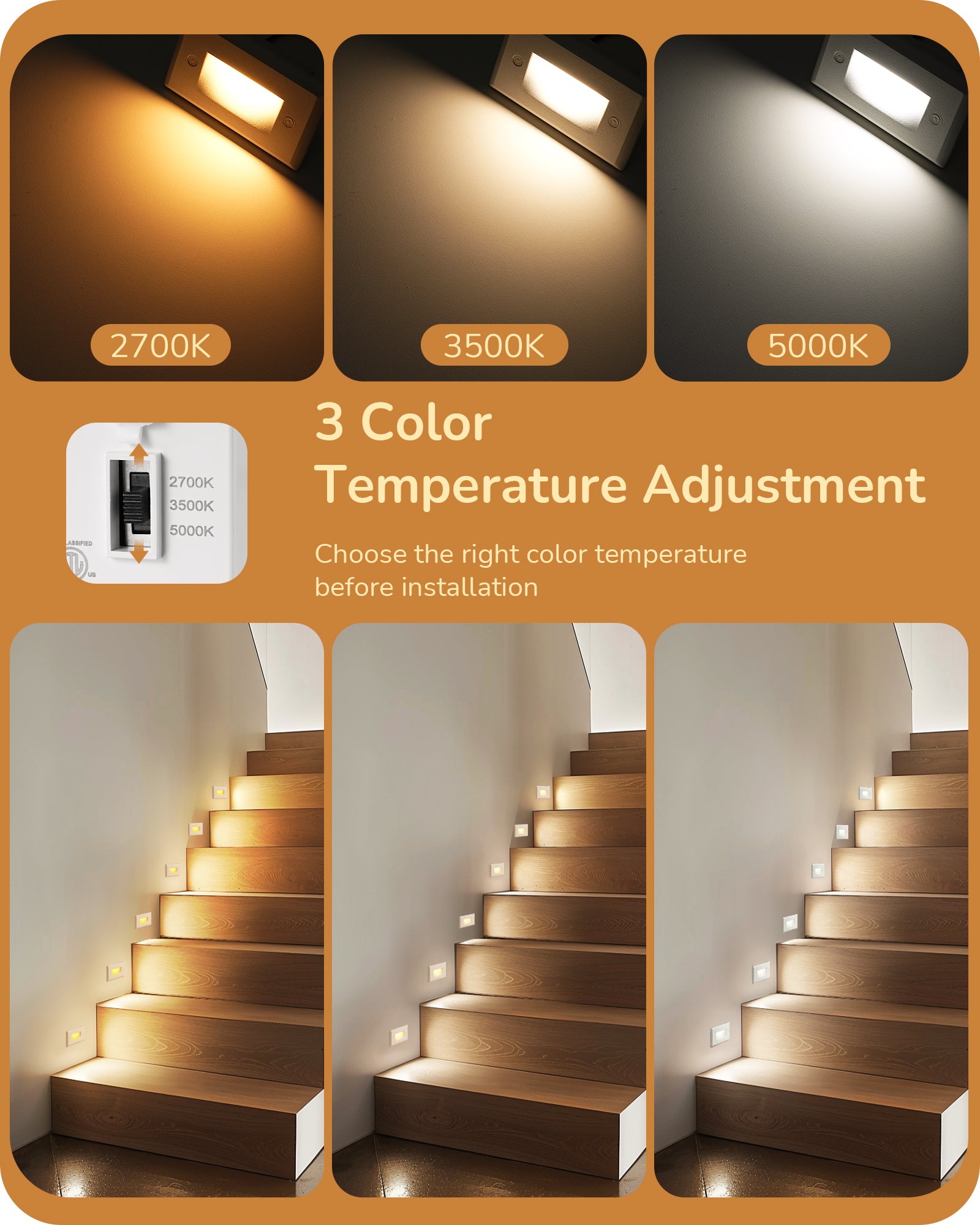 EDISHINE 120V Dimmable LED Step Lights, 2.5W 150LM, 2700K/3500K/5000K, 5%-100% Dimmable IP65 Waterproof, CRI90, Aluminum, Beam Angle 30°, White-HGSL12A