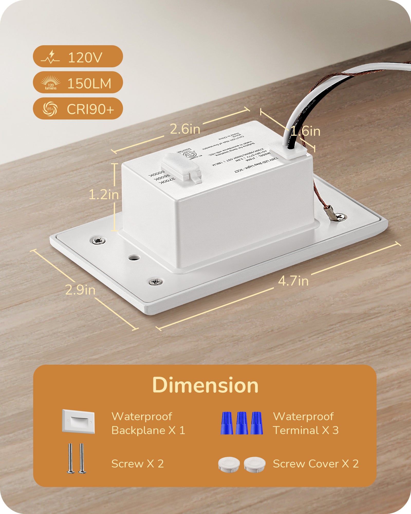 EDISHINE 120V Dimmable LED Step Lights, 2.5W 150LM, 2700K/3500K/5000K, 5%-100% Dimmable IP65 Waterproof, CRI90, Aluminum, Beam Angle 30°, White-HGSL12A
